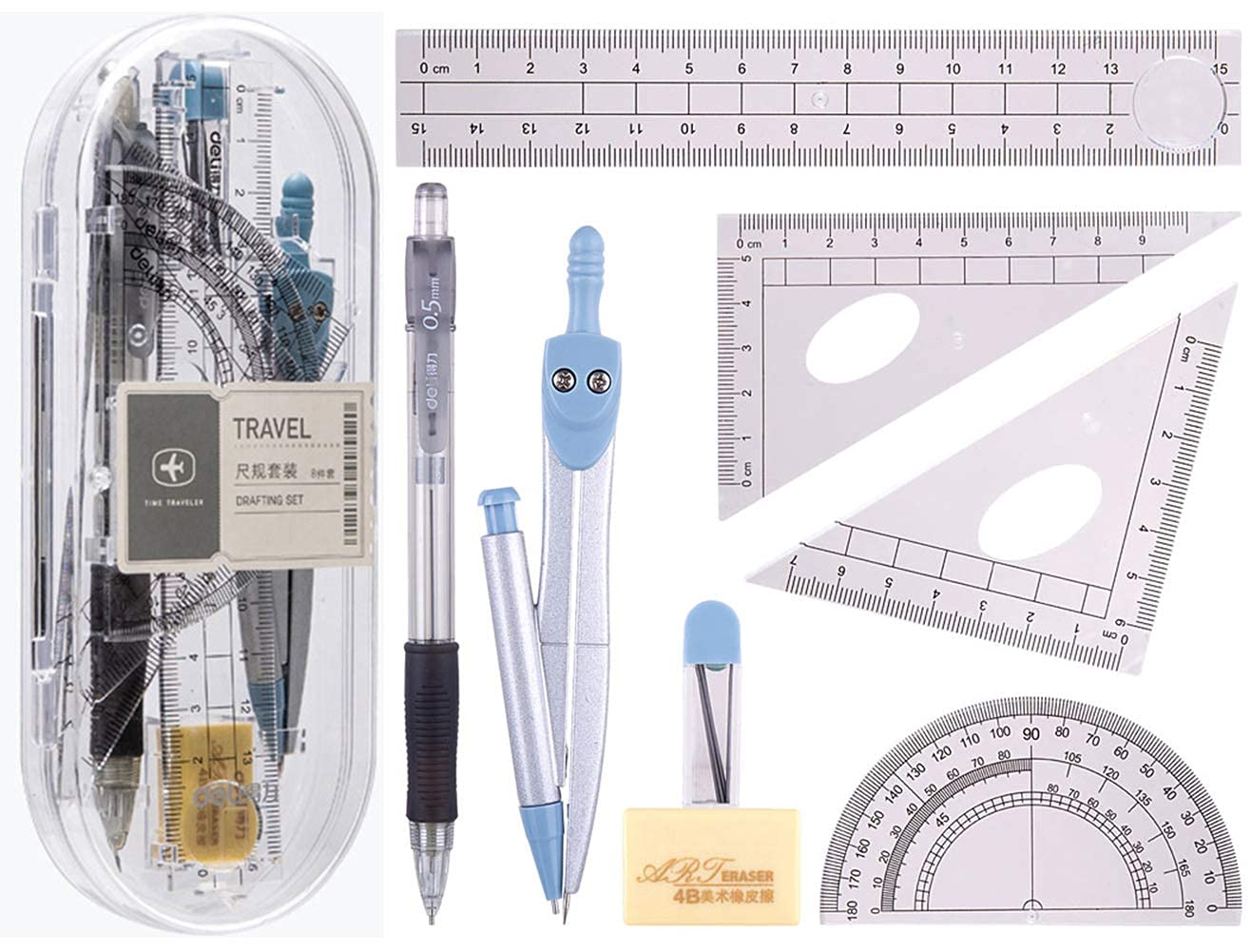 8-Piece Math Geometry Kit Set with Protractor, Rulers, Compass, Pencil Lead Refills & Eraser - Perfect for Students, Engineers & Artists - Back to School Supplies & Technical Drawing Tools