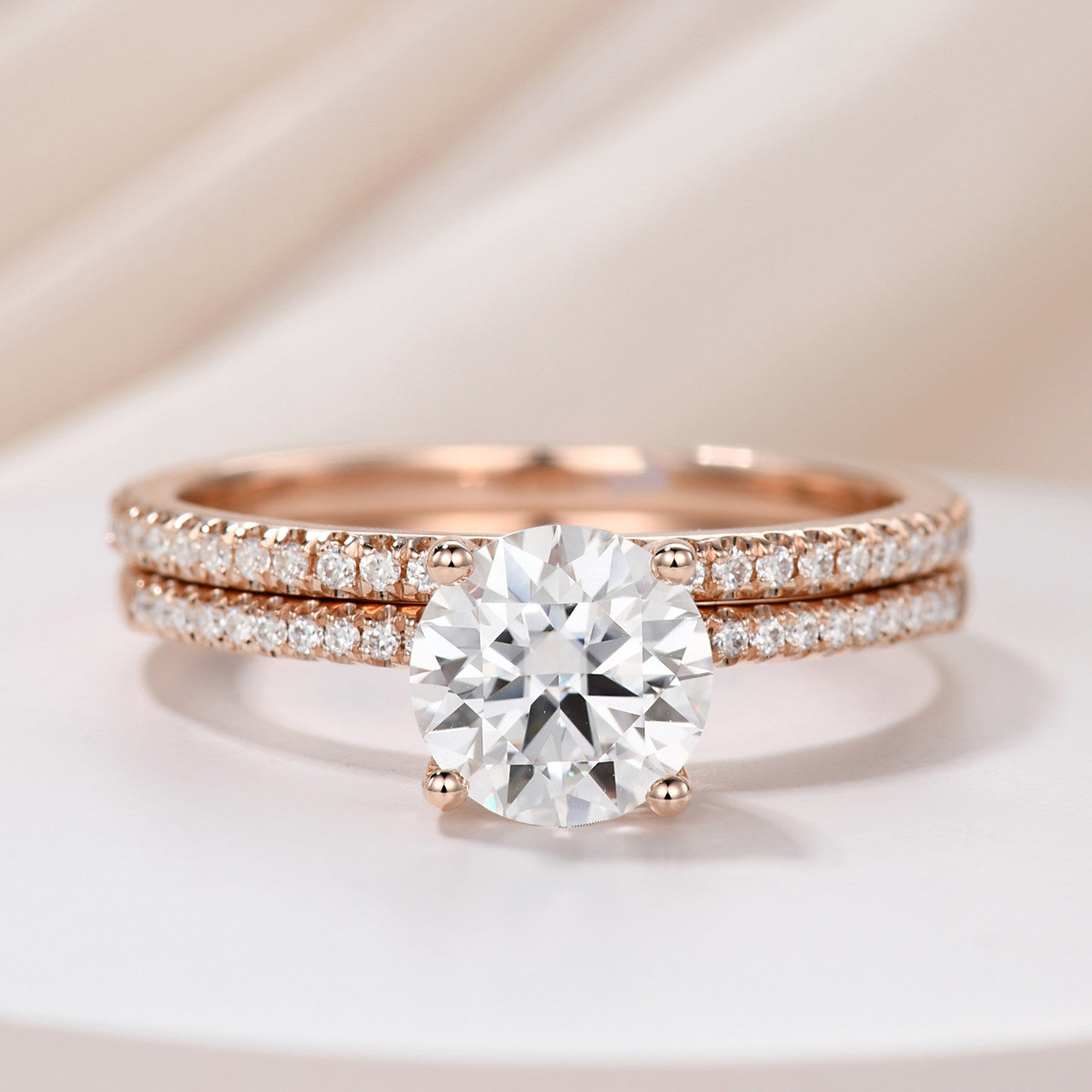Moissanite Engagement Ring & Wedding Band Set - 7mm Round Solitaire Eternity Ring in 14K Rose Gold (D-E-F Colorless) | Perfect for Proposals, Anniversaries & Bridal Jewelry
