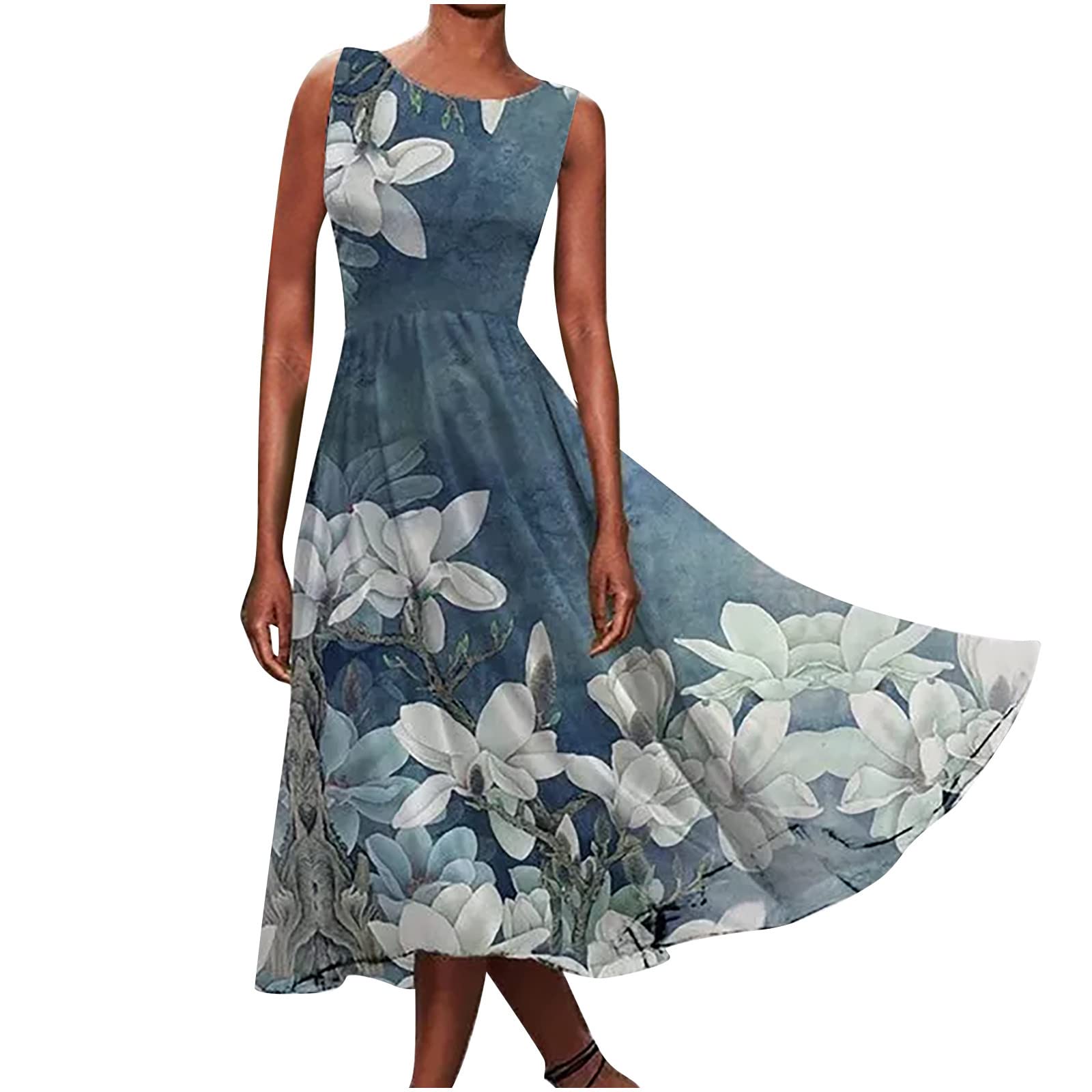 Vintage Floral Print Women's Summer Dress - Sleeveless Round Neck Swing Dress for Beach, Party & Casual Wear