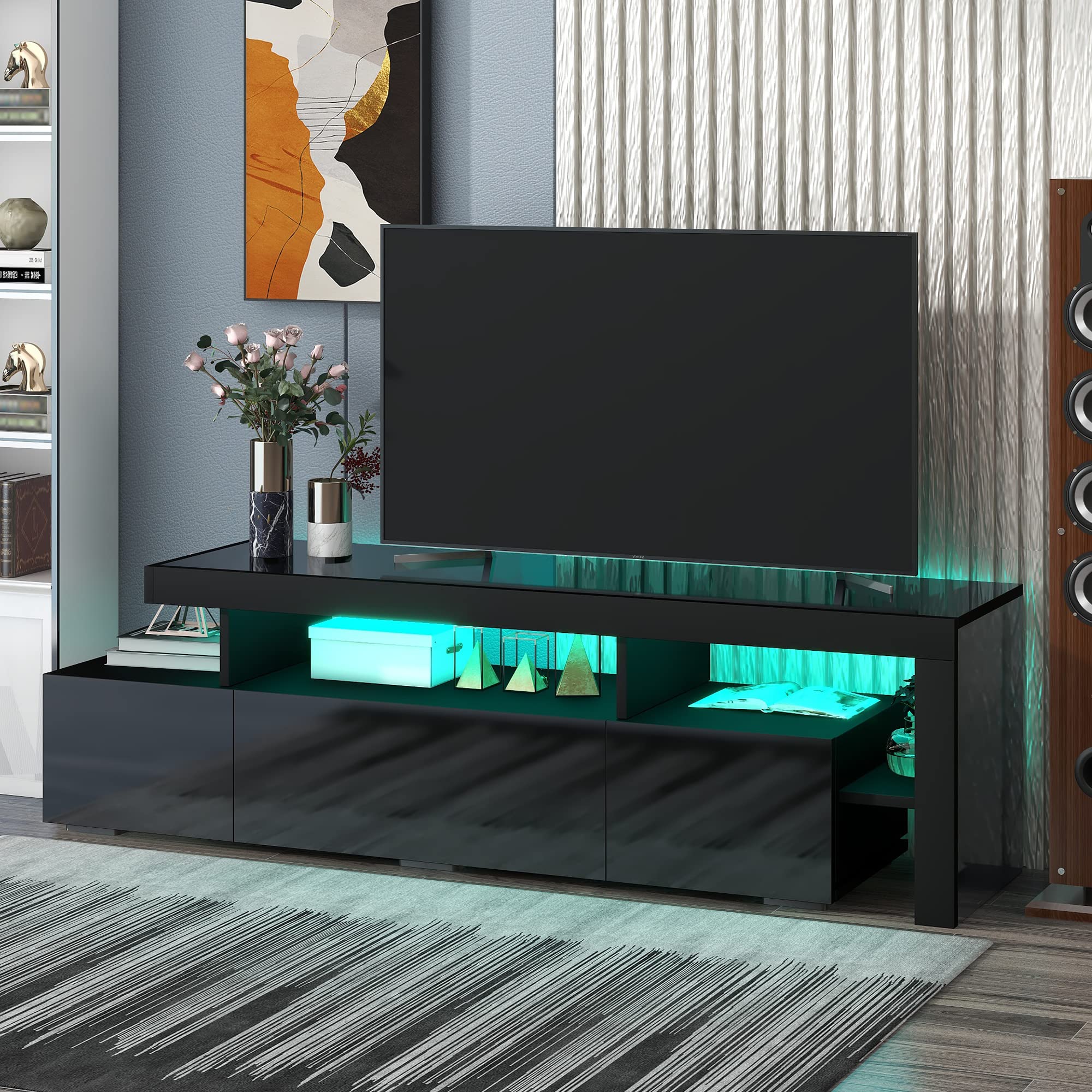 Binrrio Modern 16-Color LED TV Stand for up to 70 Inch TVs - UV High Gloss Entertainment Center with DVD Shelf & Storage - Black Media Console for Living Room, Bedroom, and Home Theater