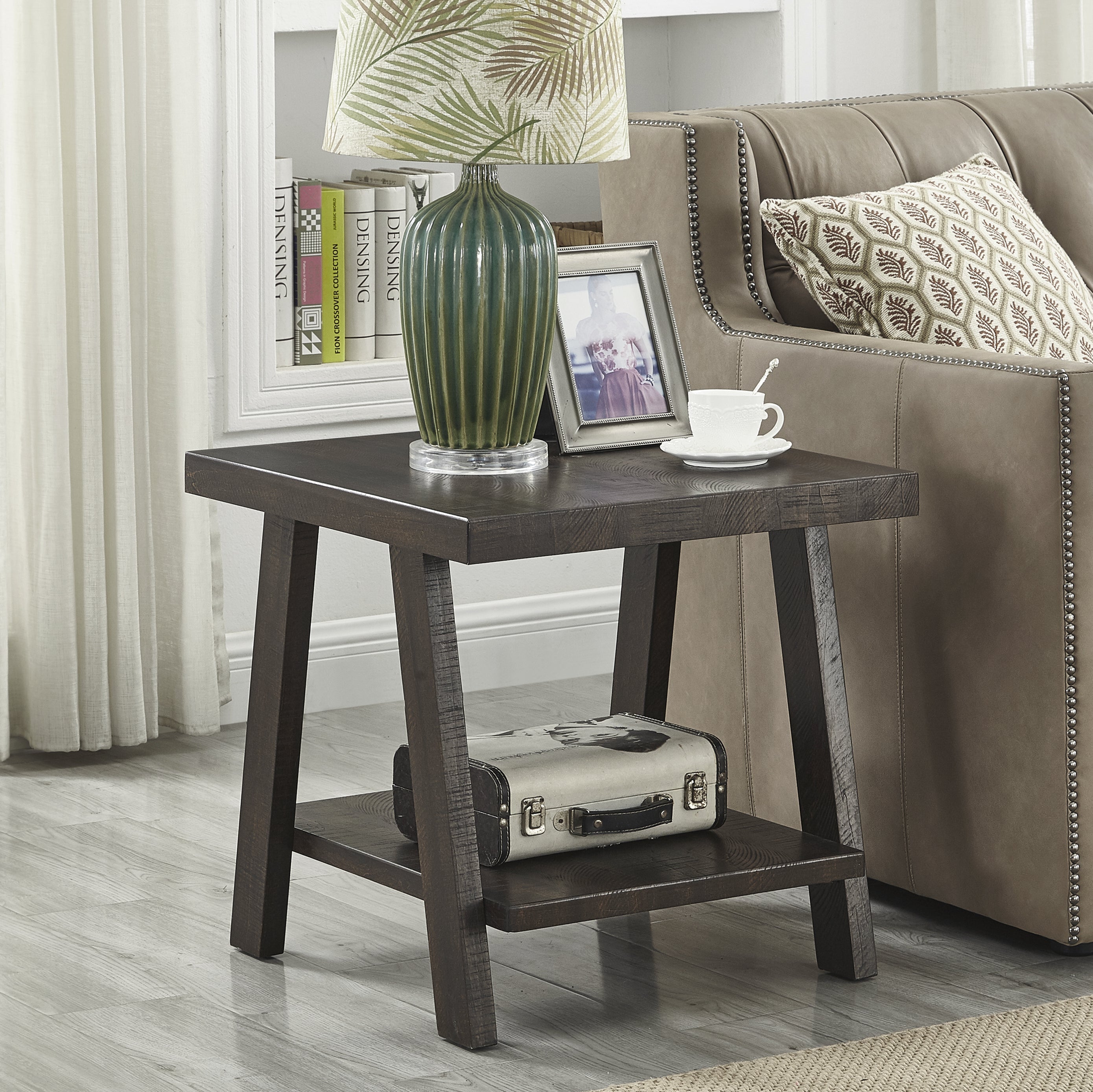 Roundhill Furniture Athens Contemporary Wood Shelf End Table in Weathered Espresso - Modern Side Table for Living Room, Bedroom & Office - Perfect for Displaying Books, Lamps & Decor