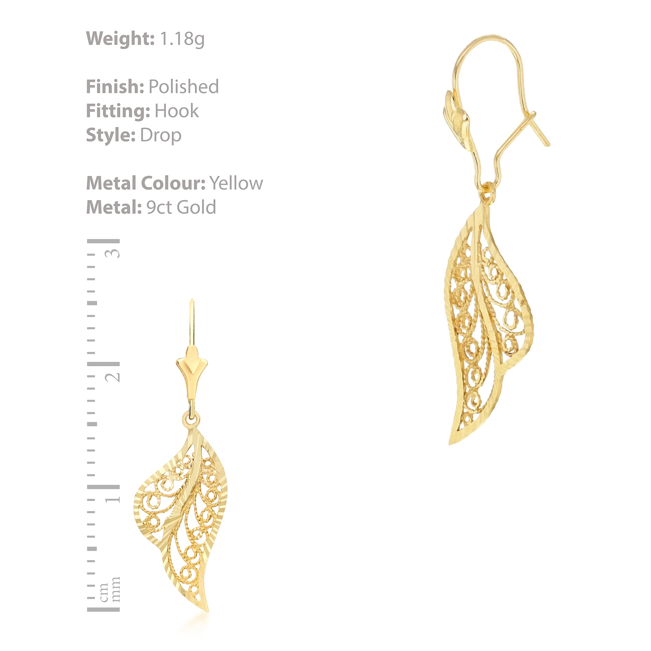 Carissima Gold 9K Yellow Gold Leaf Drop Earrings for Women - Elegant Dangle Earrings for Parties, Weddings & Everyday Wear