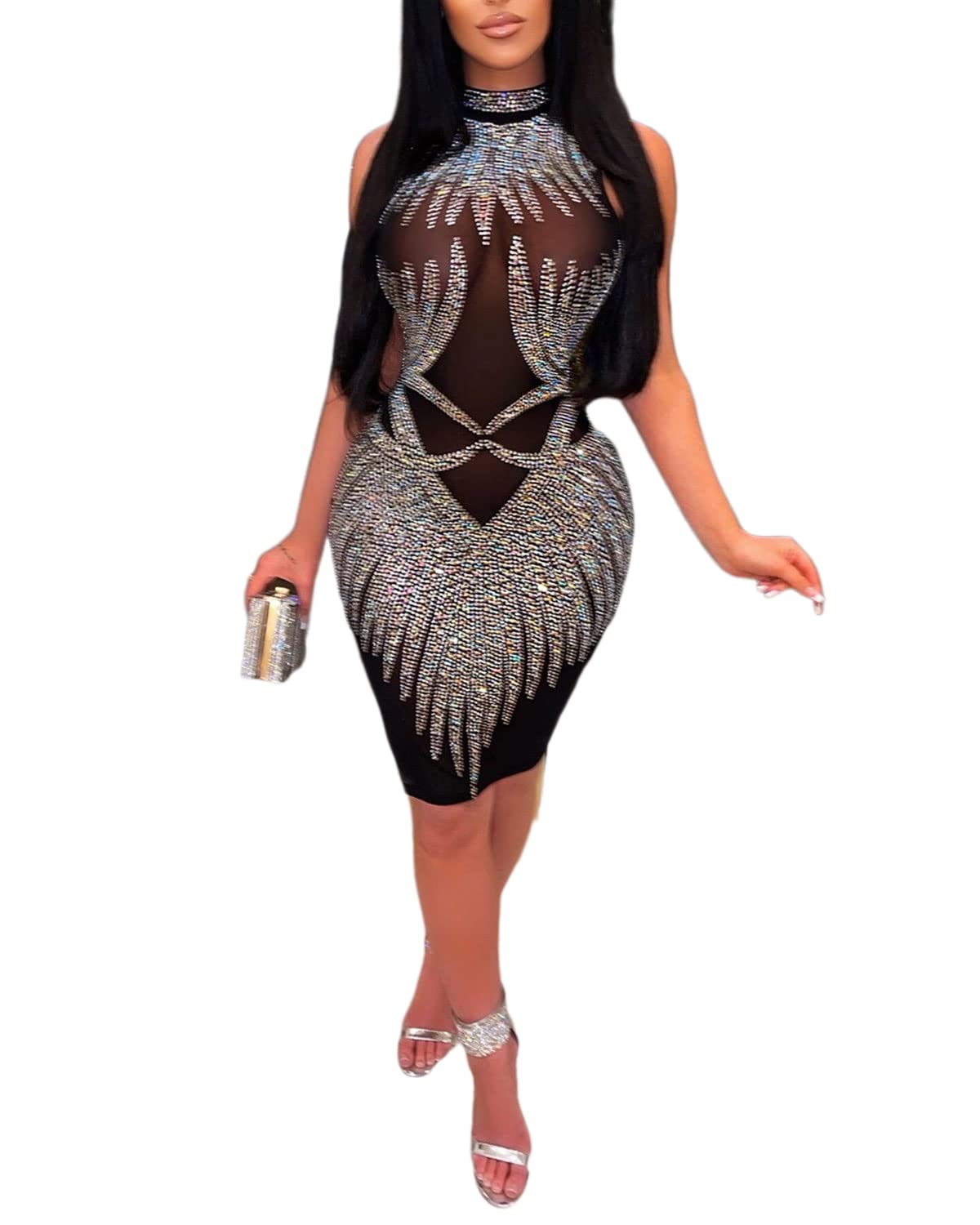 PORRCEY Women's Rhinestone Sleeveless Party Dress - Sexy Elegant Clubwear for Night Out, Evening Gown, Prom or Cocktail Party