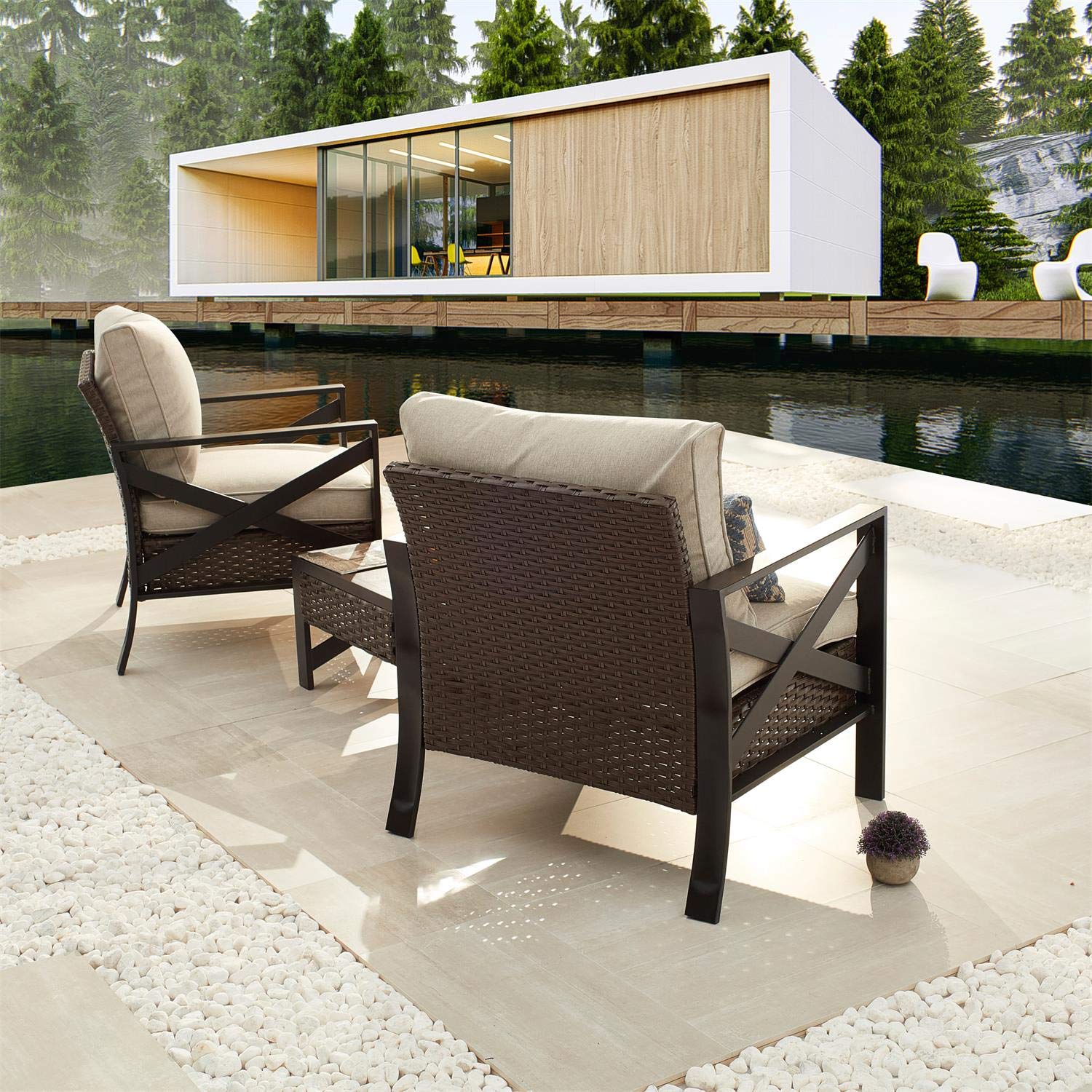 PatioFestival 3-Piece Wicker Rattan Bistro Set - Outdoor Steel Frame Conversation Furniture with 2 Cushioned Chairs & Coffee Table - Perfect for Backyard, Garden, Poolside, Lawn or Patio Relaxation