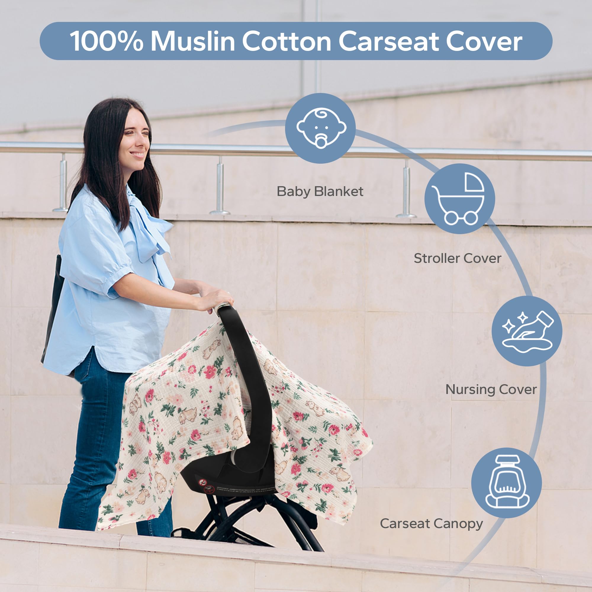 SERAPHY 100% Muslin Cotton Baby Car Seat Cover - Universal, Breathable Infant Car Seat Canopy for Boys & Girls - Soft Summer Car Seat Protector with Rabbit Design - Perfect for Strollers, Travel & Outdoor Adventures