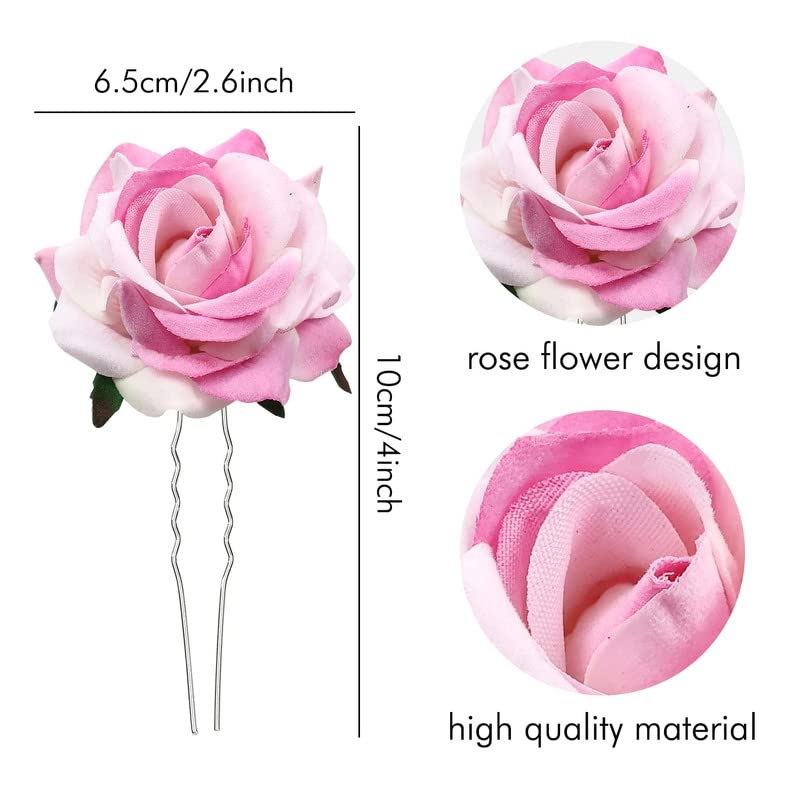 FAMEZA 2 Pack Handmade Rose Flower Hair Pins - U Shaped Bobby Pins, Long Fork Hair Sticks, Shawl Pins & Bun Holders for Women | Wedding, Bridal Party & Everyday Hairstyles | Perfect for Updos, Ponytails & Decorative Hair Accessories
