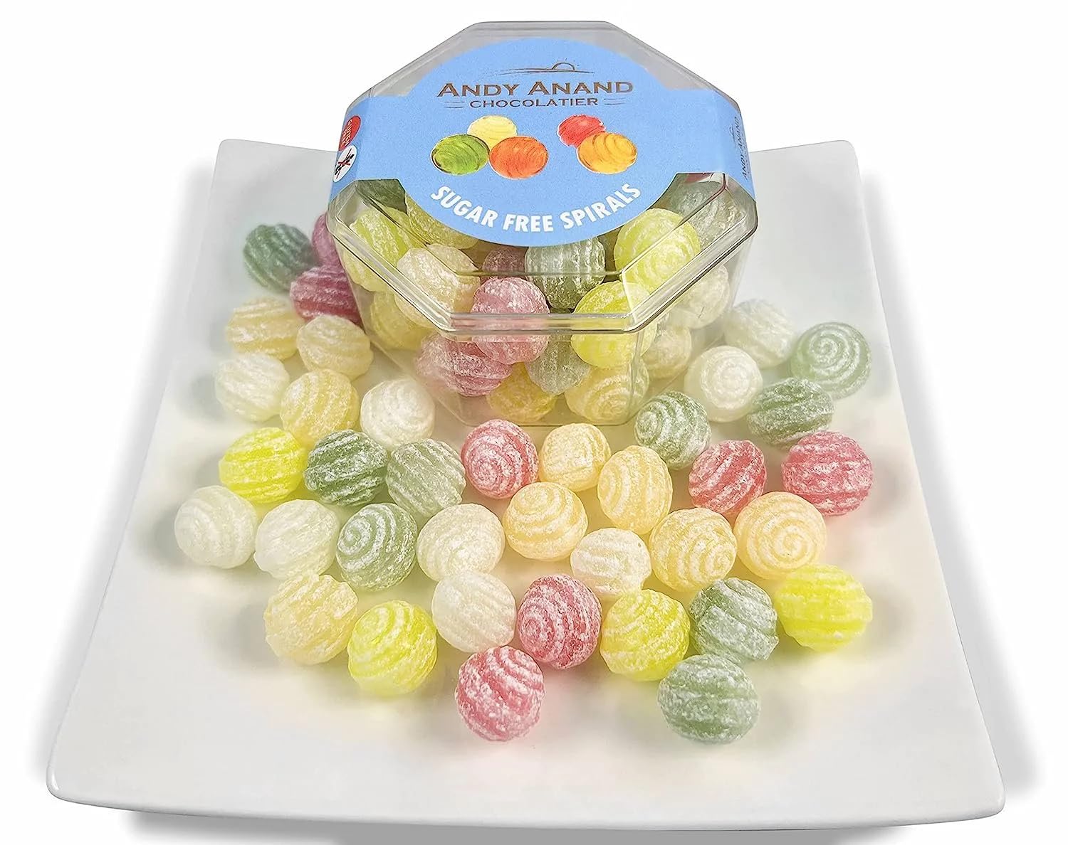 Sugar Free Hard Candy Spirals 110pc - Stevia Sweetened Zero Sugar Candy Assortment (5 Flavors) - Keto & Diabetic Friendly - Perfect for Office, Travel & Gifts - Made in Spain (7 Oz)