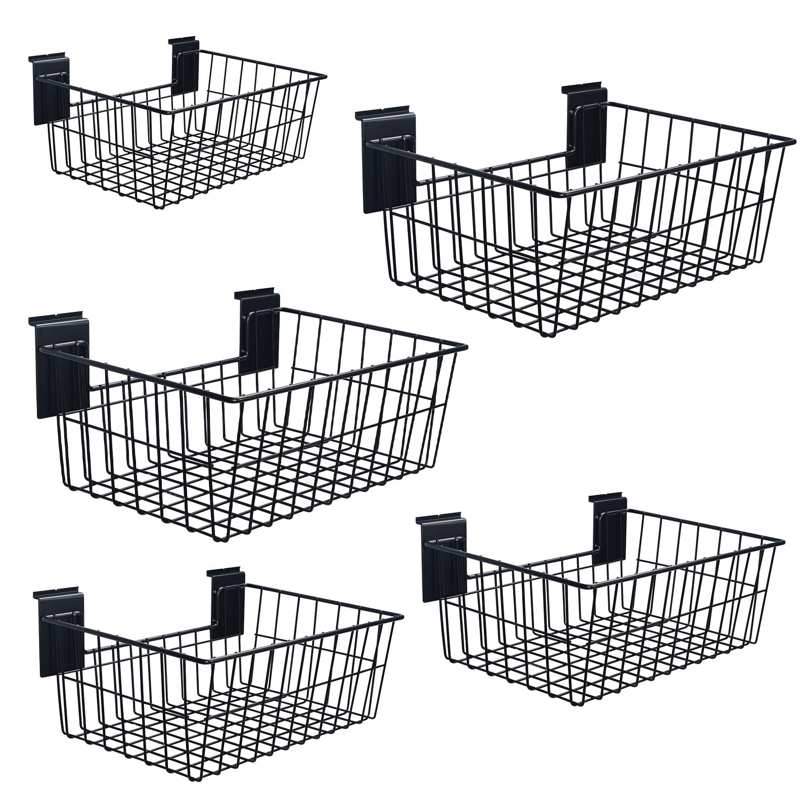 15-Inch Heavy Duty Steel Wire Slatwall Baskets - 5 Pack Commercial-Grade Slat Wall Hanging Organizer for Retail Stores, Garages, Offices & Sports Equipment Storage - Durable Wall-Mounted Display Solution for Toys, Tools & Home Organization