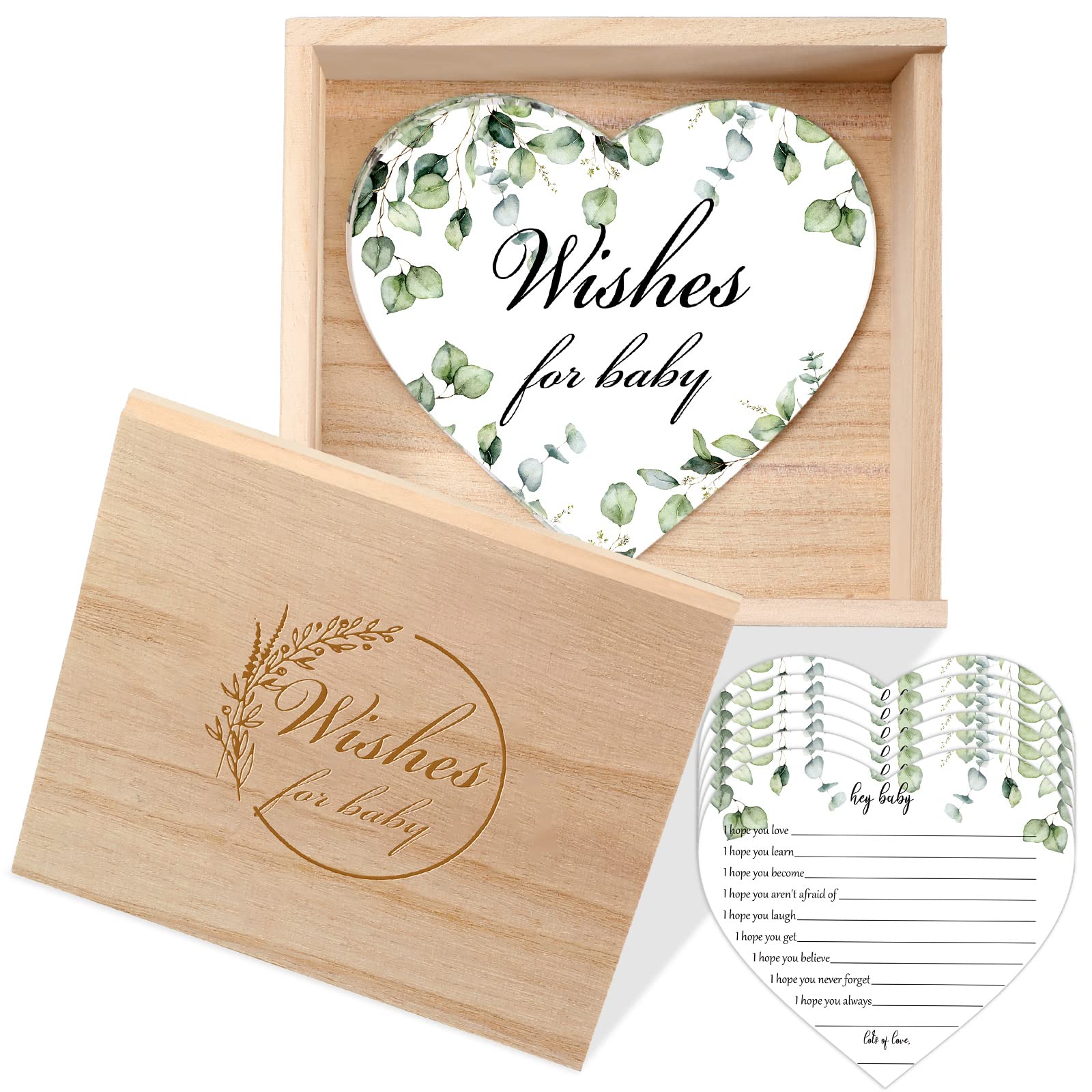 50-Piece Botanical Baby Shower Wish Cards Set with Keepsake Wooden Box - Newborn Prediction Cards for Baby Shower Favors, Gifts & Party Decorations - Perfect for Gender Reveals, Birth Announcements & Nursery Organization