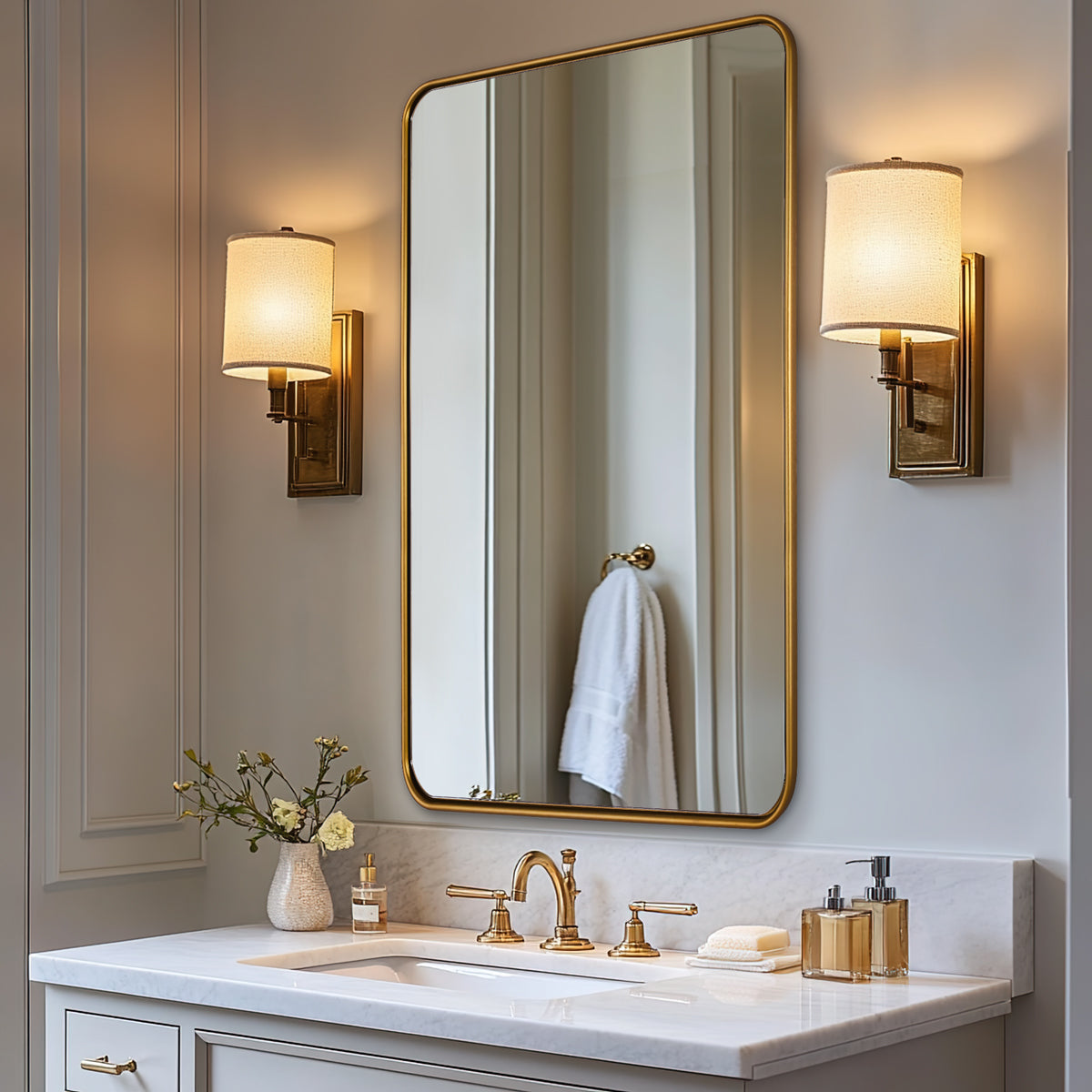Modern Rounded Rectangular Bathroom Wall Mirror with Aluminum U-Tube Frame - Perfect for Vanity, Powder Room, and Contemporary Home Decor