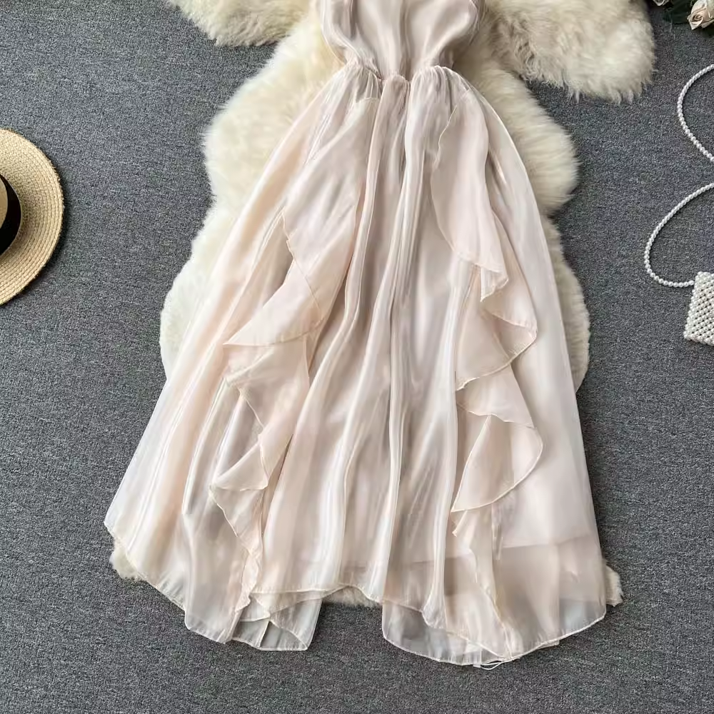 Elegant Ladies Summer Chiffon Dress with Ruffled Suspenders & Long Flowy Skirt - Fairy-Inspired Floral Maxi Dress for Beach, Wedding, or Casual Outings