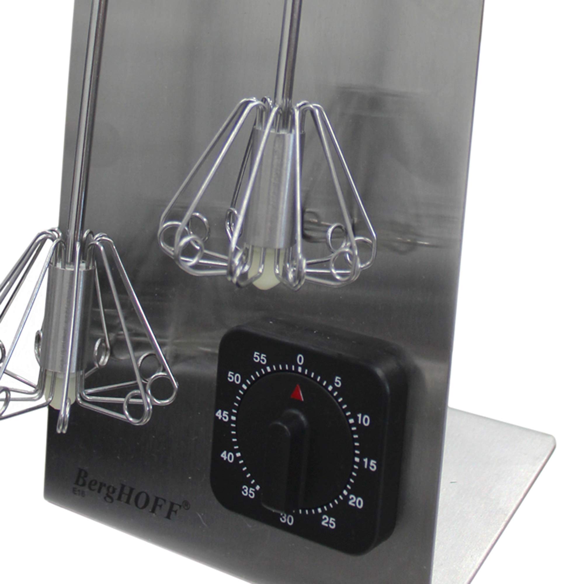 BergHOFF 3-Piece Stainless Steel Whisk Set with Stand & Timer - Silver & Red Ergonomic Handles - Perfect for Baking, Cooking, and Kitchen Decor