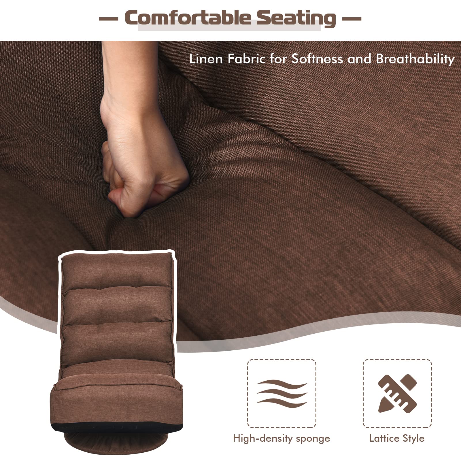 COSTWAY Folding Floor Chair - Adjustable 5-Position Gaming & Lounge Chair with 360° Swivel, Removable Cover & Padded Backrest - Multi-Purpose Seating for Living Room, TV Watching, Reading & Gaming - Perfect for Small Spaces, Dorm Rooms & Coffee Breaks