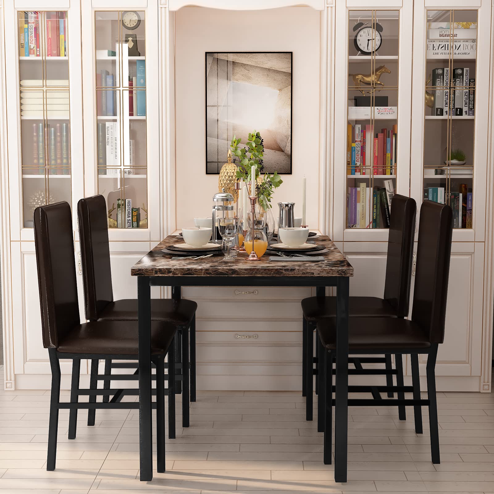 Modern 5-Piece Dining Table Set for 4 - Faux Marble Kitchen Table & 4 Chairs, Compact Brown Dinner Table Set for Small Spaces | Perfect for Apartments, Breakfast Nooks & Cozy Dining Areas