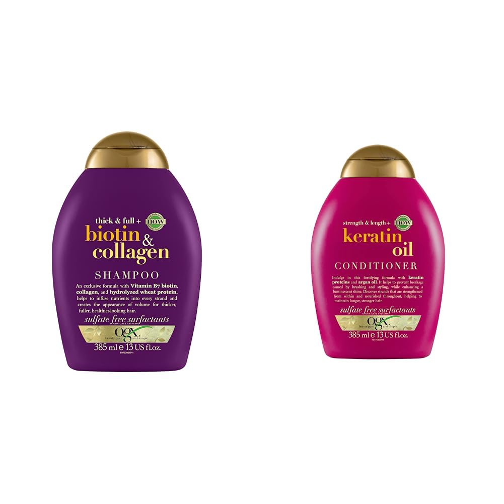OGX Biotin & Collagen Hair Thickening Shampoo & Anti-Breakage Keratin Conditioner Set for Dry Hair, 13 oz Each – Volumizing & Repairing Hair Care for Thicker, Stronger Locks – Perfect for Daily Use at Home or Salon