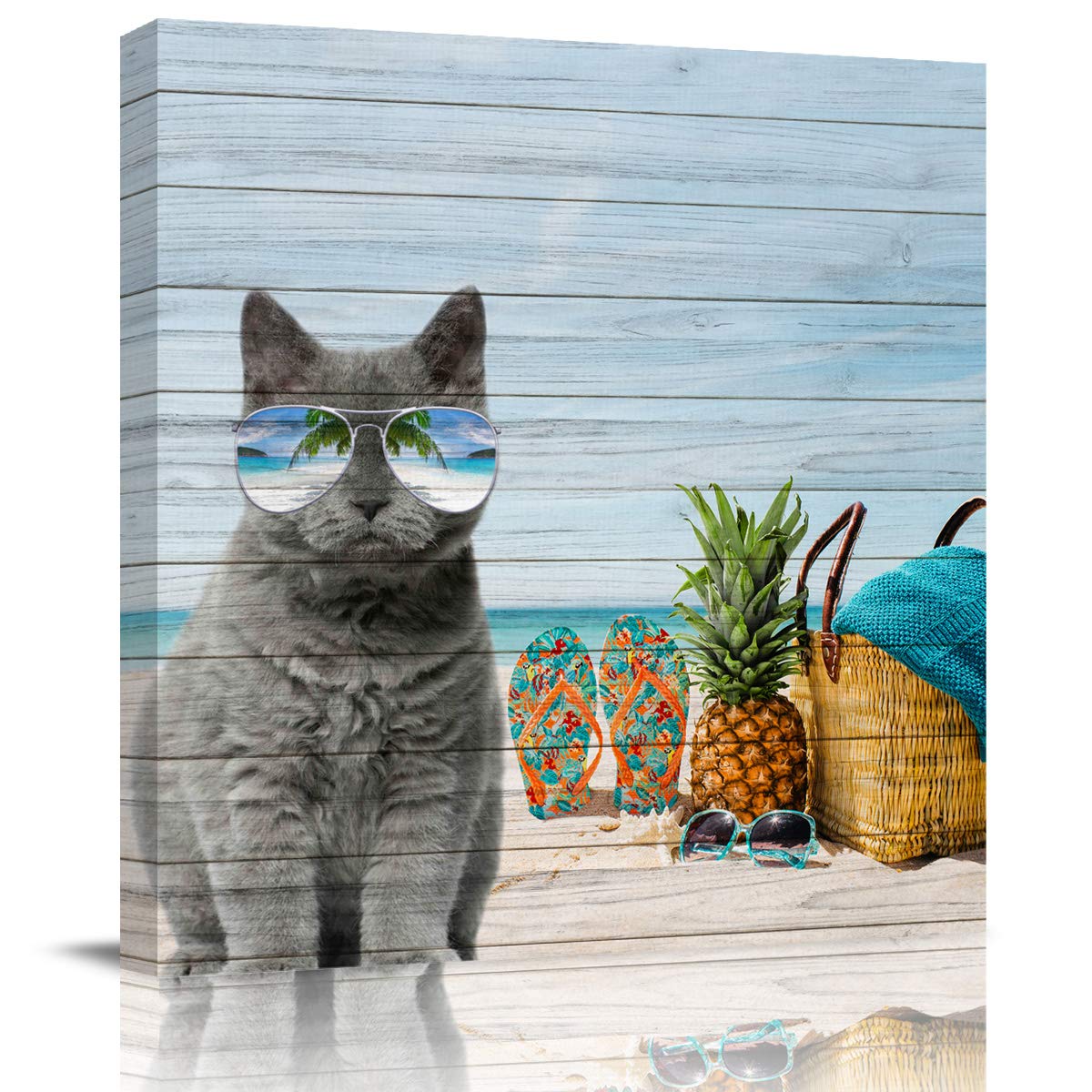 20x20in Square Canvas Wall Art - Beach Sea Life Cat with Sunglasses & Pineapple Oil Painting for Bedroom, Living Room Home Decor | Perfect for Coastal, Tropical & Modern Interior Design