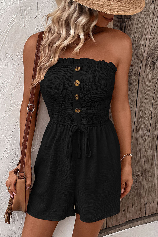 Solid Color Tube Top Button Pleated Casual Rompers for Women - Summer Outfits, Beachwear & Lounge Wear