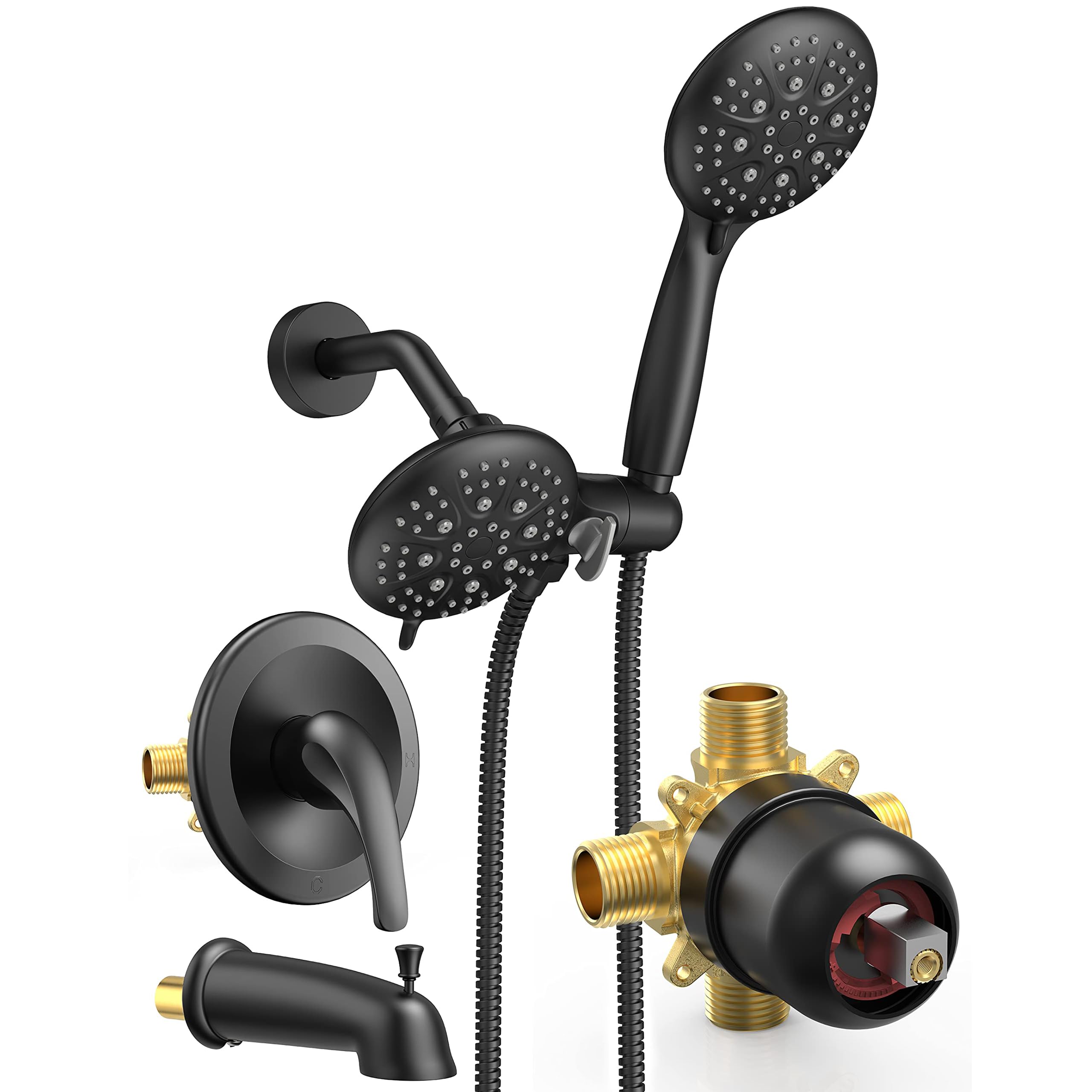 SR SUN RISE 35-Function Dual 2-in-1 Shower System with Tub Spout - Matte Black Single Handle Tub & Shower Faucet Combo Set with Patented 3-Way Diverter (Valve Included) - Perfect for Bathroom Remodeling & Modern Home Upgrade