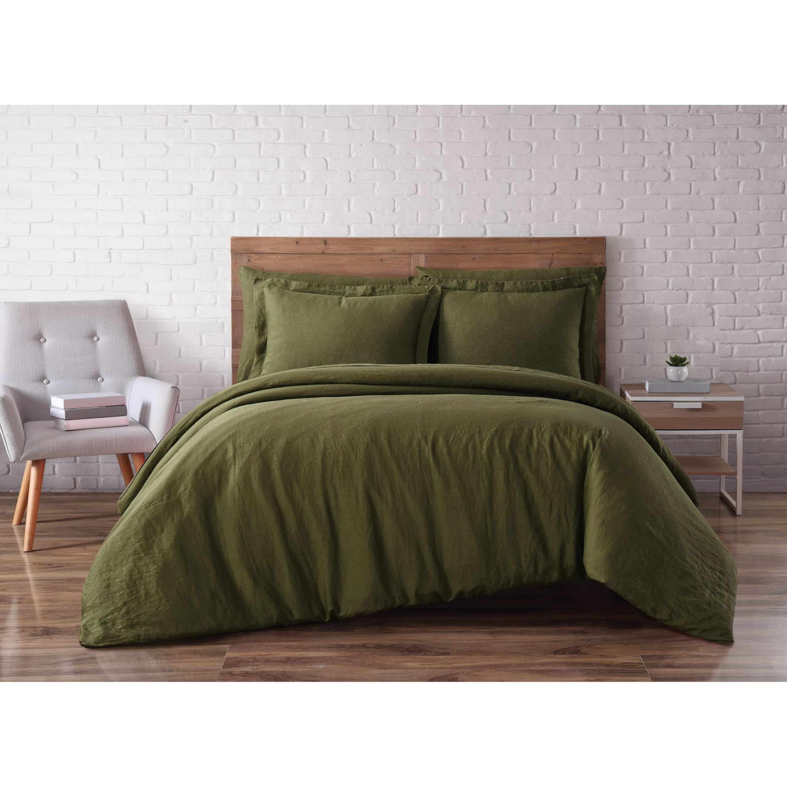 Premium Olive Green Linen Duvet Cover Set King Size - 3 Piece Brookyln Loom Bedding Set | OEKO-TEX Certified 100% Natural Linen | Soft Breathable Comfort for All Seasons | Perfect for Master Bedroom, Guest Room & Vacation Homes