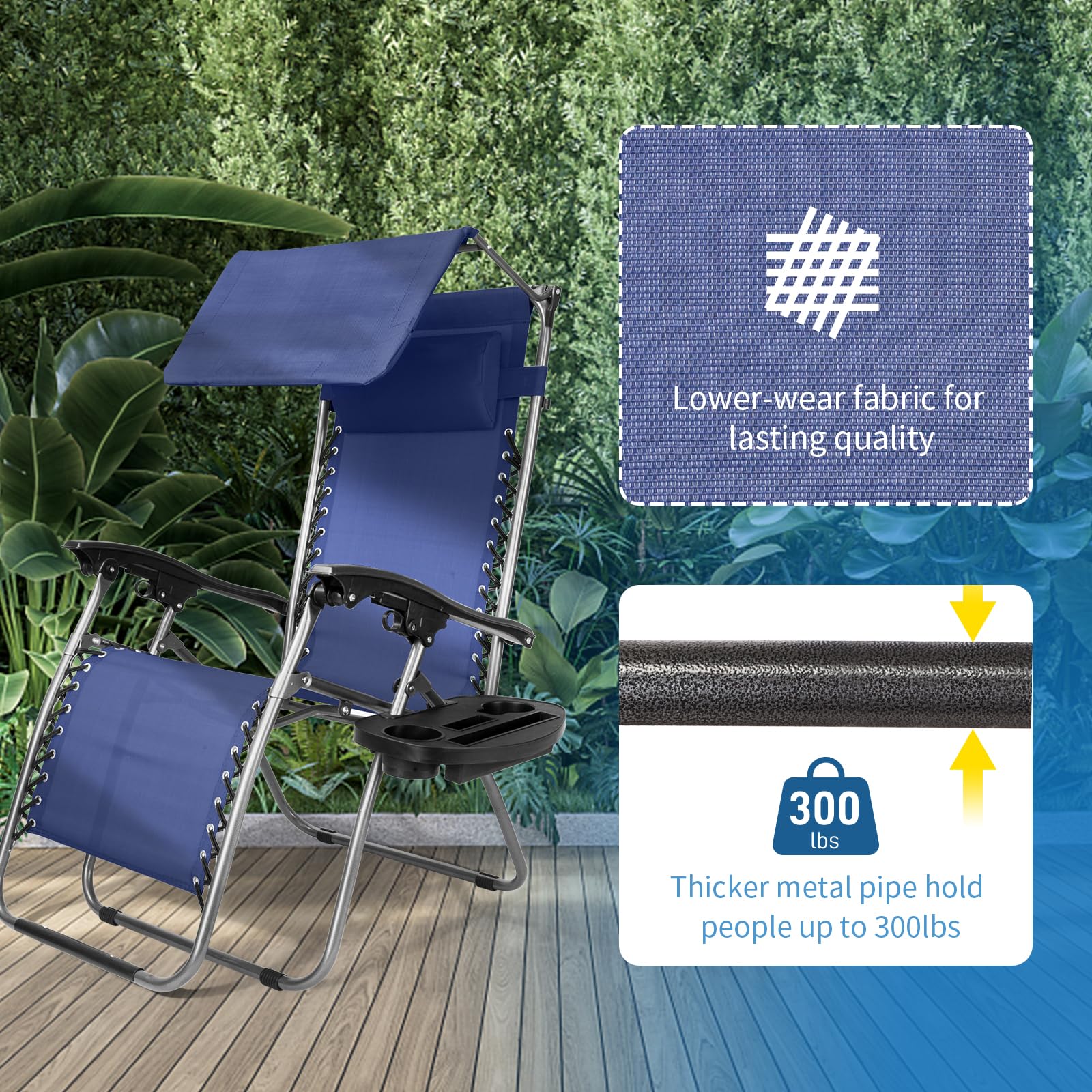 **Bonnlo Zero Gravity Lounge Chair with Adjustable Canopy - Patio Recliner with Cup Holder & Headrest - Foldable Sunshade Chair for Beach, Pool, Garden & Outdoor Relaxation (Blue, 1-Pack)**