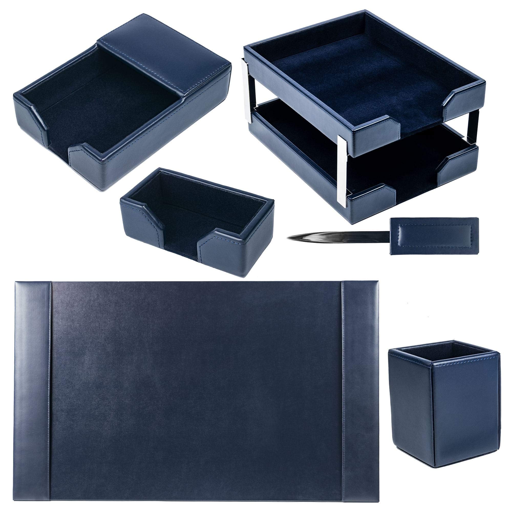 Premium DACASSO Bonded Leather Desk Set - Luxury Office Desk Pad & Organizer with Pen Holder, Letter Tray & Accessories (Navy Blue, 8-Piece) - Perfect for Home Office, Executive Desk & Professional Workspace Setup