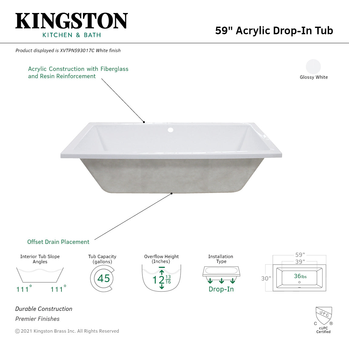 Aqua Eden 59-Inch Acrylic Rectangular Drop-In Bathtub with Center Drain - Glossy White Freestanding Soaking Tub for Modern Bathroom Renovation & Spa Relaxation