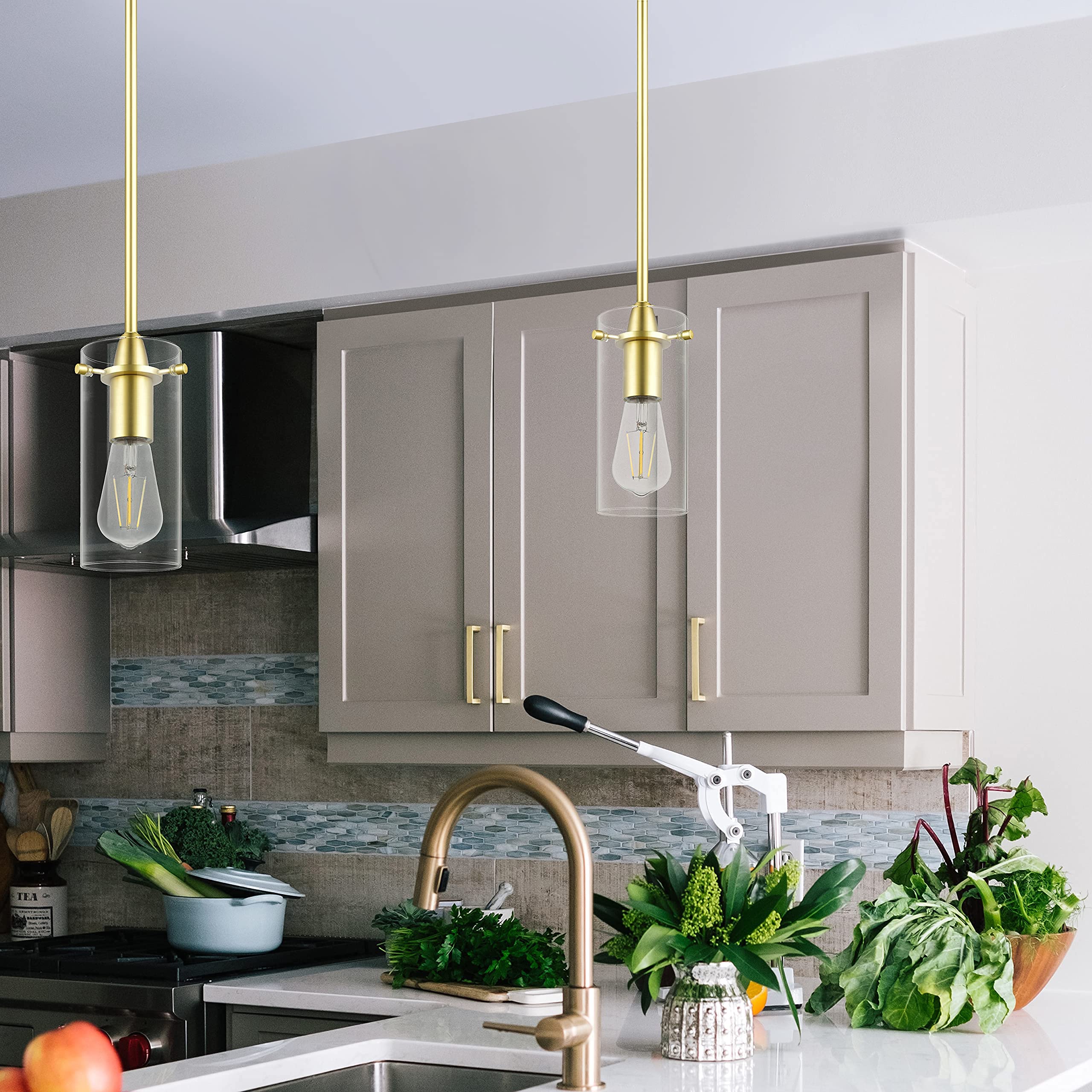 Brass Satin Pendant Lights for Kitchen Island - Small Clear Glass Hanging Light Fixture - Perfect for Dining Room, Bar Counter, and Modern Home Decor
