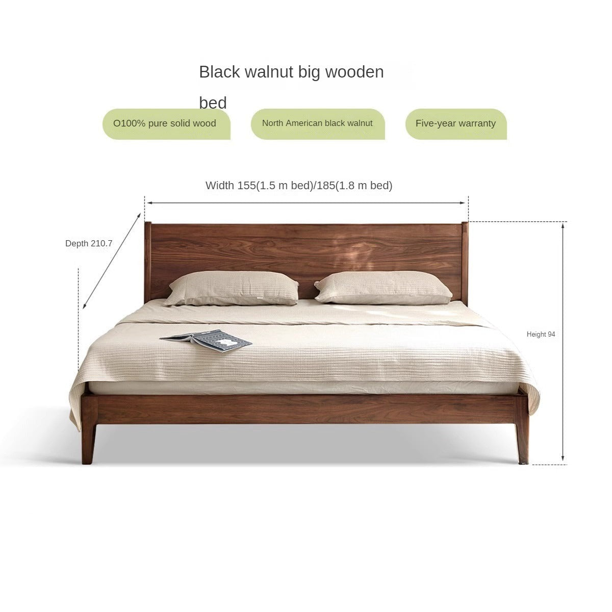 Solid Black Walnut Wood Bed Frame - Queen Size, Natural Wood Grain, Sturdy Platform Bed - Perfect for Modern, Farmhouse & Rustic Bedroom Decor