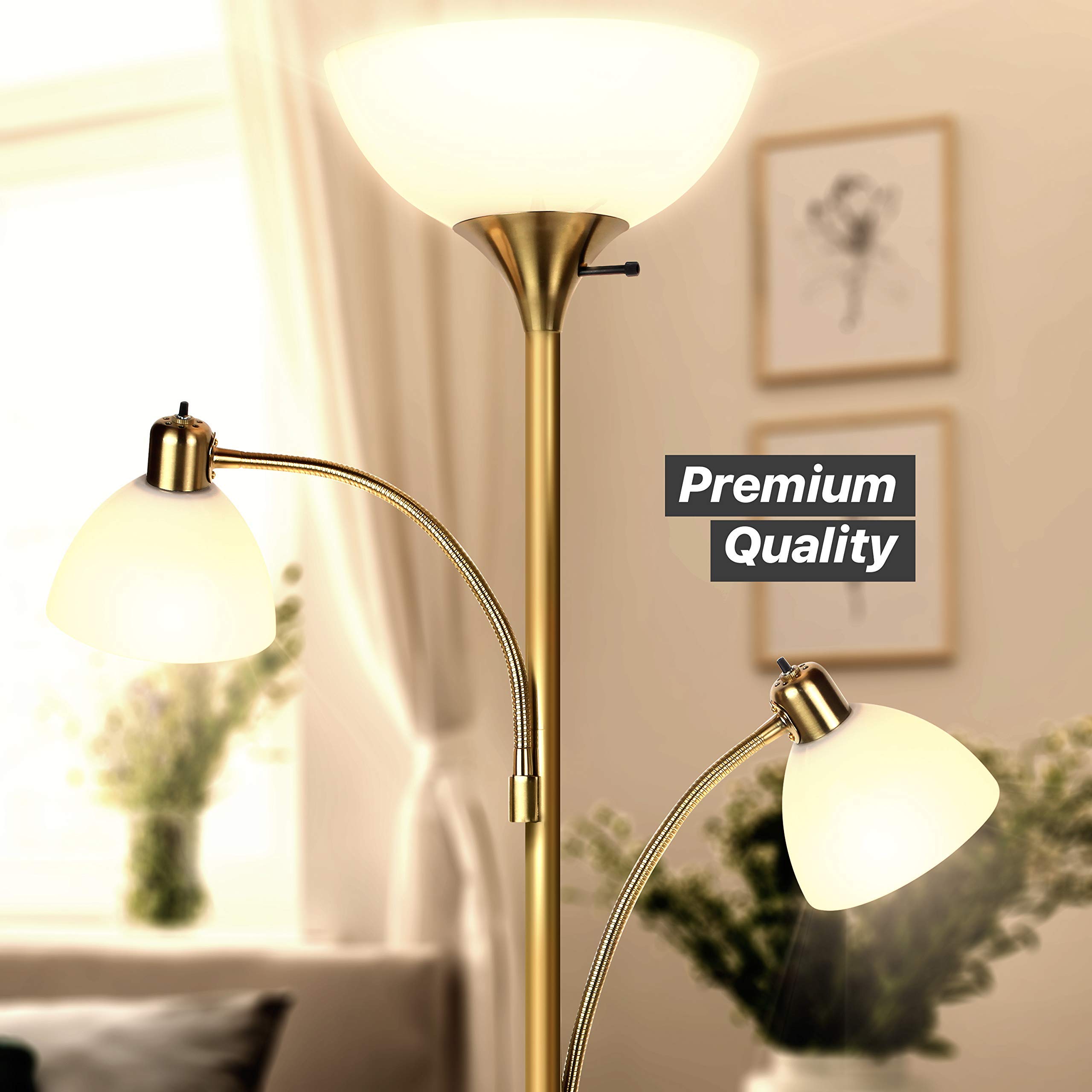 Brightech Sky Dome Double LED Floor Lamp - Super Bright Torchiere with 2 Adjustable Reading Lights for Living Room, Office & Bedroom - Dimmable Tall Standing Lamp with Brass Pole - Perfect for Reading, Working & Ambient Lighting