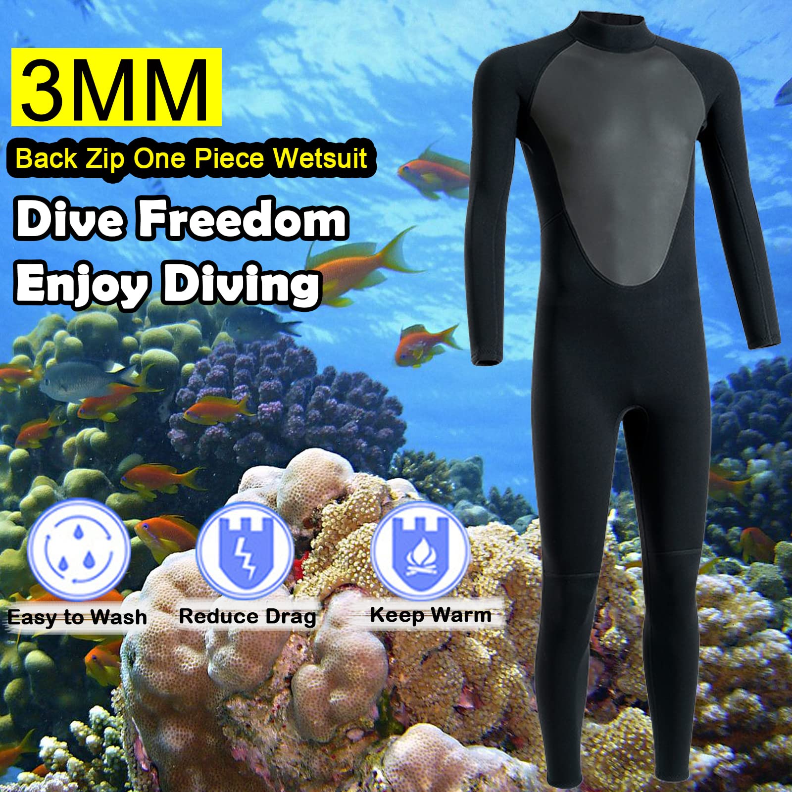 3mm Neoprene Wetsuit for Men - Full Body Long Sleeve Diving Suit with Back Zipper & UV Protection - Ideal for Swimming, Diving, Surfing, Kayaking, Snorkeling - Perfect for Ocean Adventures and Water Sports Enthusiasts