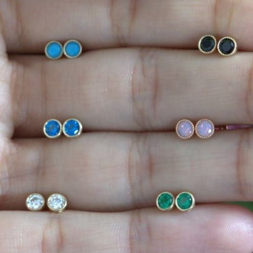 14K Yellow Gold Round Emerald Flat Back Stud Earrings - Bezel Set Gemstone Jewelry for Women, Perfect for Everyday Wear & Special Occasions