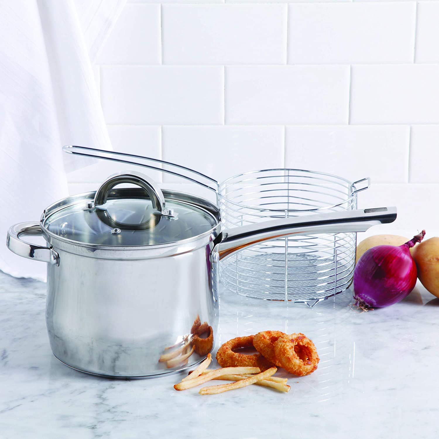 Oster 91537.03 Sangerfield 3.65 Quart Stainless Steel Deep Fryer Set - 3-Piece Cookware for Crispy Fried Chicken, French Fries & Donuts - Perfect for Home Kitchen & Restaurant Use