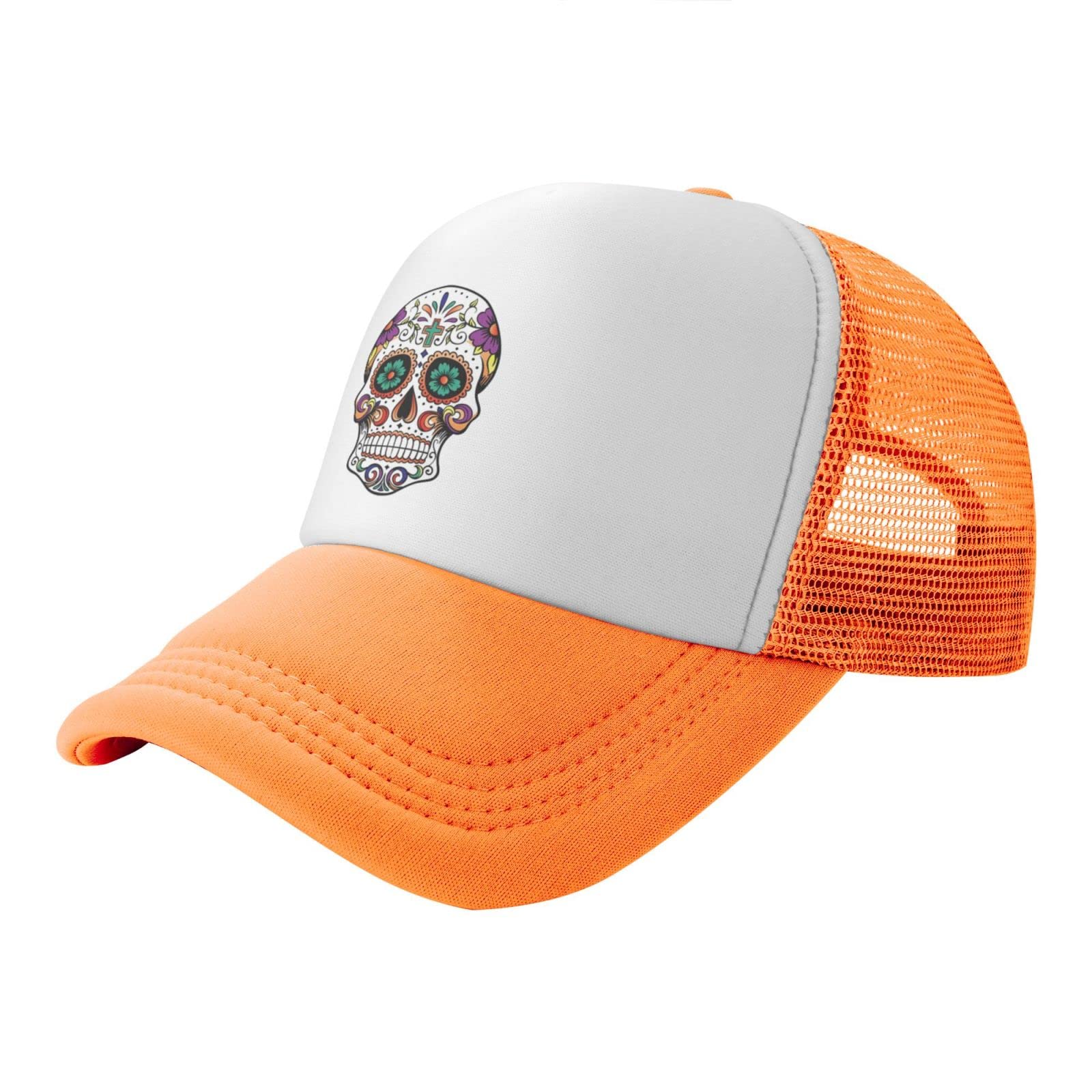 Vibrant Sugar Skull Mesh Trucker Hats - Adjustable Unisex Baseball Cap for Men & Women | Perfect for Halloween, Dia de Los Muertos, Cosplay & Festival Outfits