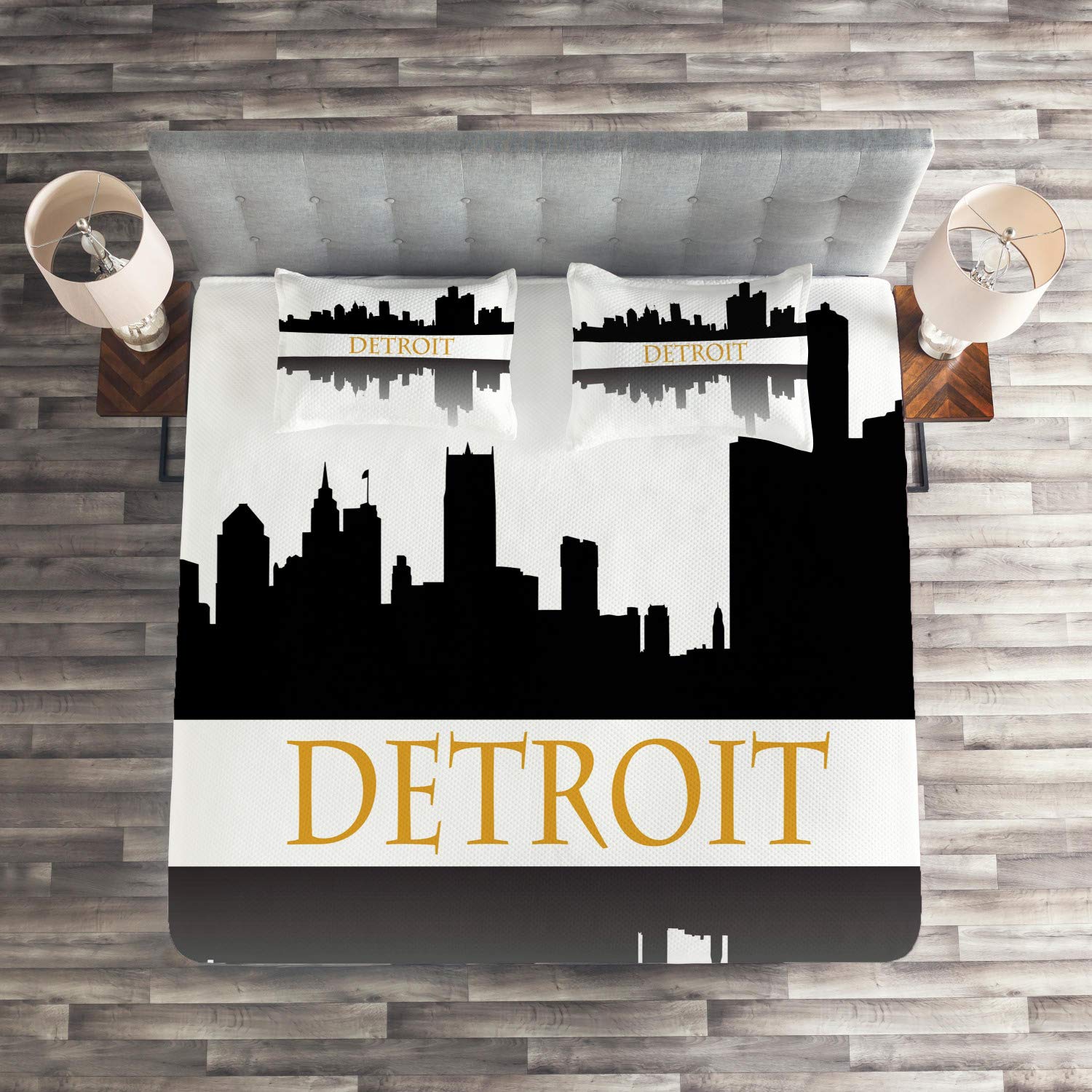Lunarable Detroit Skyline Bedspread Set - 3 Piece Quilted King Size Coverlet with 2 Pillow Shams, Earth Yellow & Black, Michigan Cityscape Design | Perfect for Home Decor, Guest Room Bedding & American Travel Theme Bedrooms