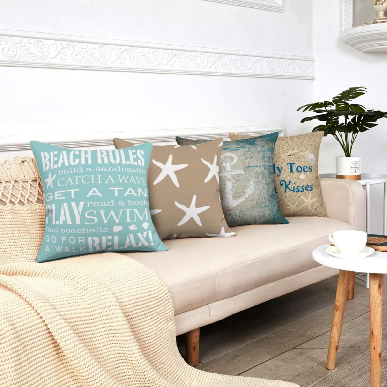 GALMAXS7 Set of 4 Coastal Pillow Covers 16x16 Inches - Beach Starfish & Nautical Anchor Decorative Cushion Covers for Sofa, Bedroom, Living Room | Perfect for Coastal Decor, Beach House & Nautical Theme Rooms