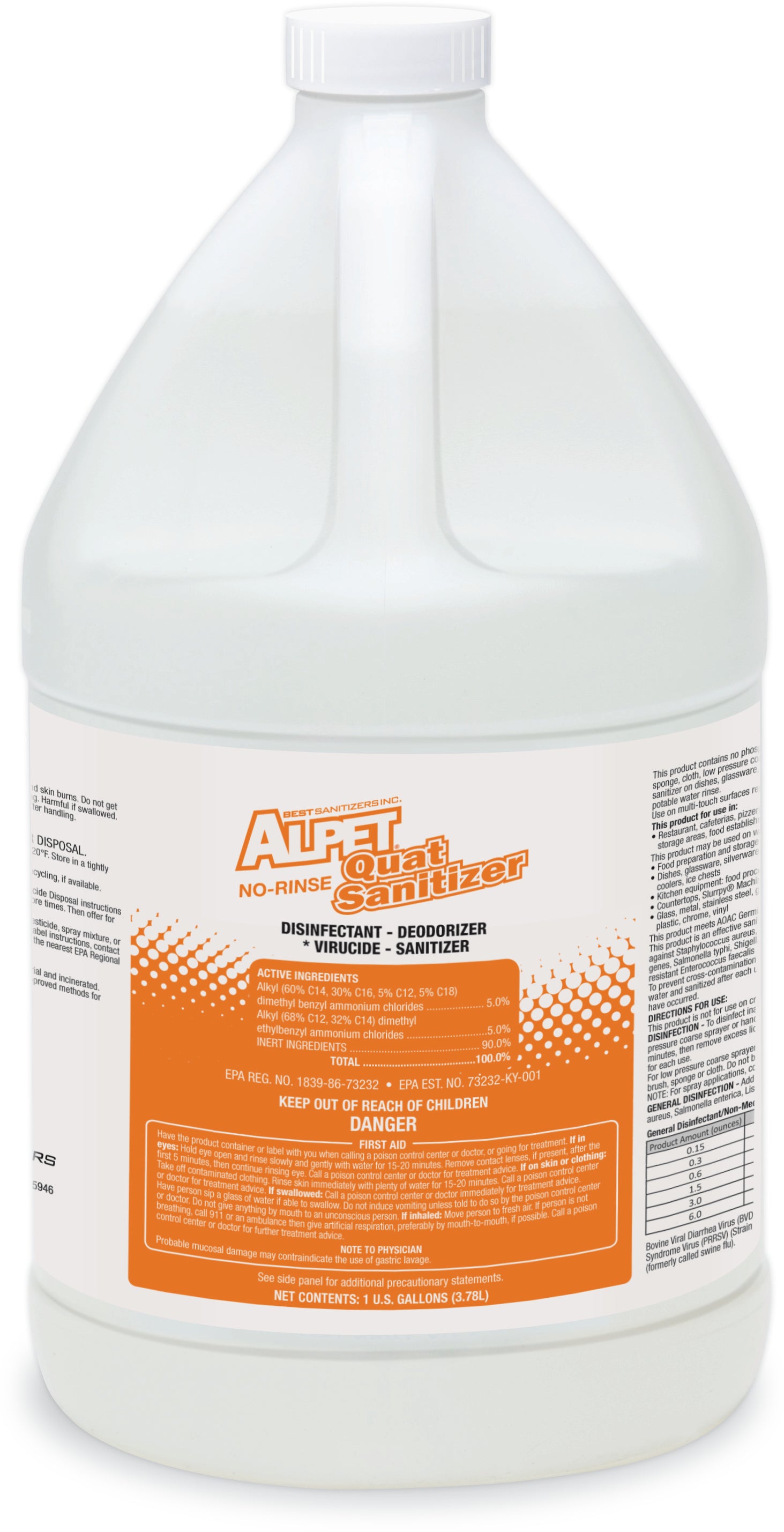 Alpet No Rinse Quat Sanitizer - 1 Gallon (4 Pack) | EPA Approved Disinfectant for Food Service, Healthcare & Commercial Use | Kills 99.9% Germs Without Rinsing