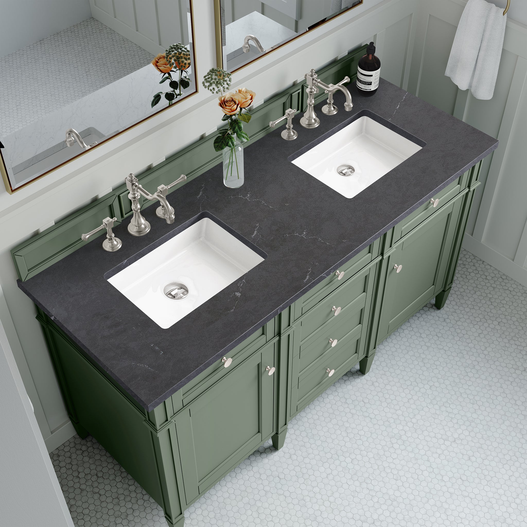 Brittany 60-Inch Double Vanity with Smokey Celadon Finish & 3CM Charcoal Soapstone Top - Perfect for Master Bathroom Renovation and Modern Home Decor