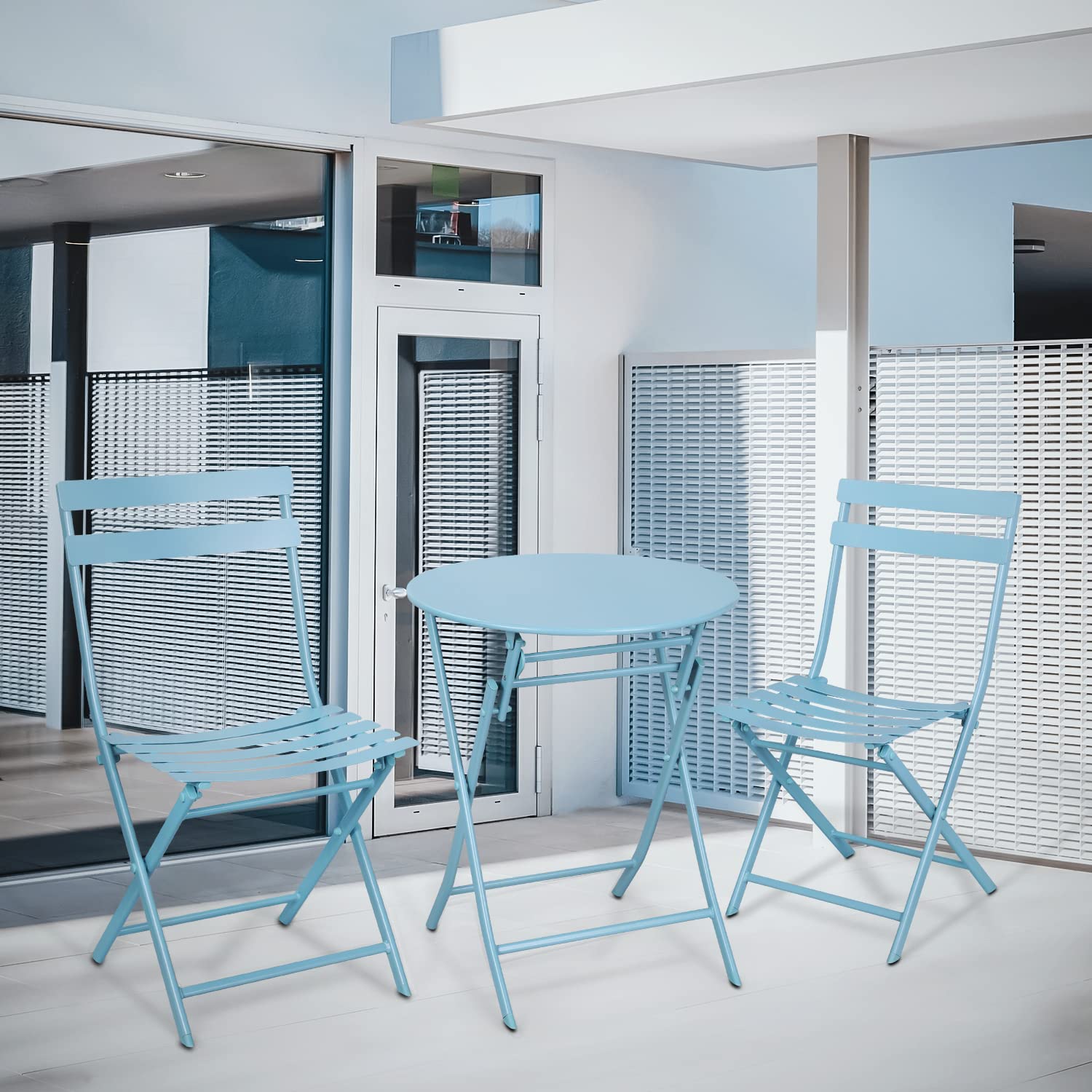 MoNiBloom 3-Piece Outdoor Bistro Set - Foldable Metal Patio Furniture with Round Table & Chairs for Porch, Yard, Balcony, Garden - Blue | Perfect for Small Spaces, Coffee Breaks & Outdoor Dining