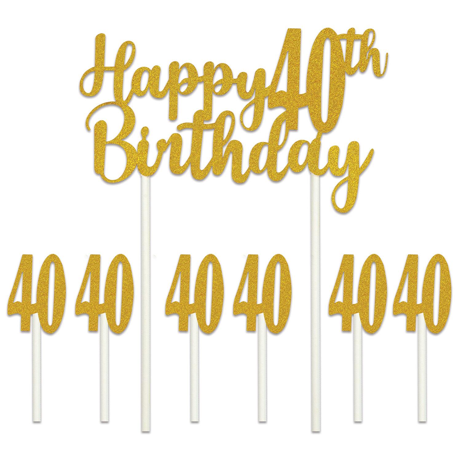 12 Pack Beistle Happy 40th Birthday Party Cake Toppers - Gold Foil Decorations for Anniversary Cakes, Cupcakes & Desserts - Perfect for Milestone Celebrations & Surprise Parties