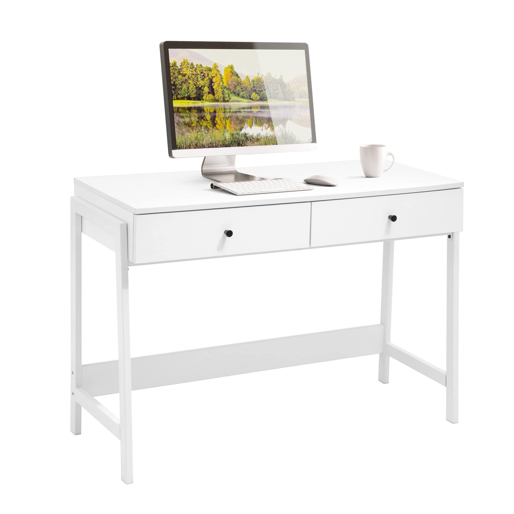 White Desk with 2 Drawers - Modern Home Office Desk for Studying & Working, Makeup Vanity Table for Bedroom | Perfect for Small Spaces, Remote Work & Beauty Routine