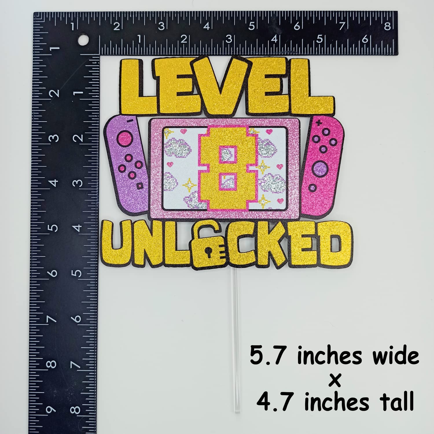 Girls Level 8 Unlocked Cake Topper - Glitter Gaming Birthday Decor for 8th Birthday Party | Video Game Theme Party Supplies | Perfect for Girl Gamer Celebration, Cake Decorations & Gaming Party Favors