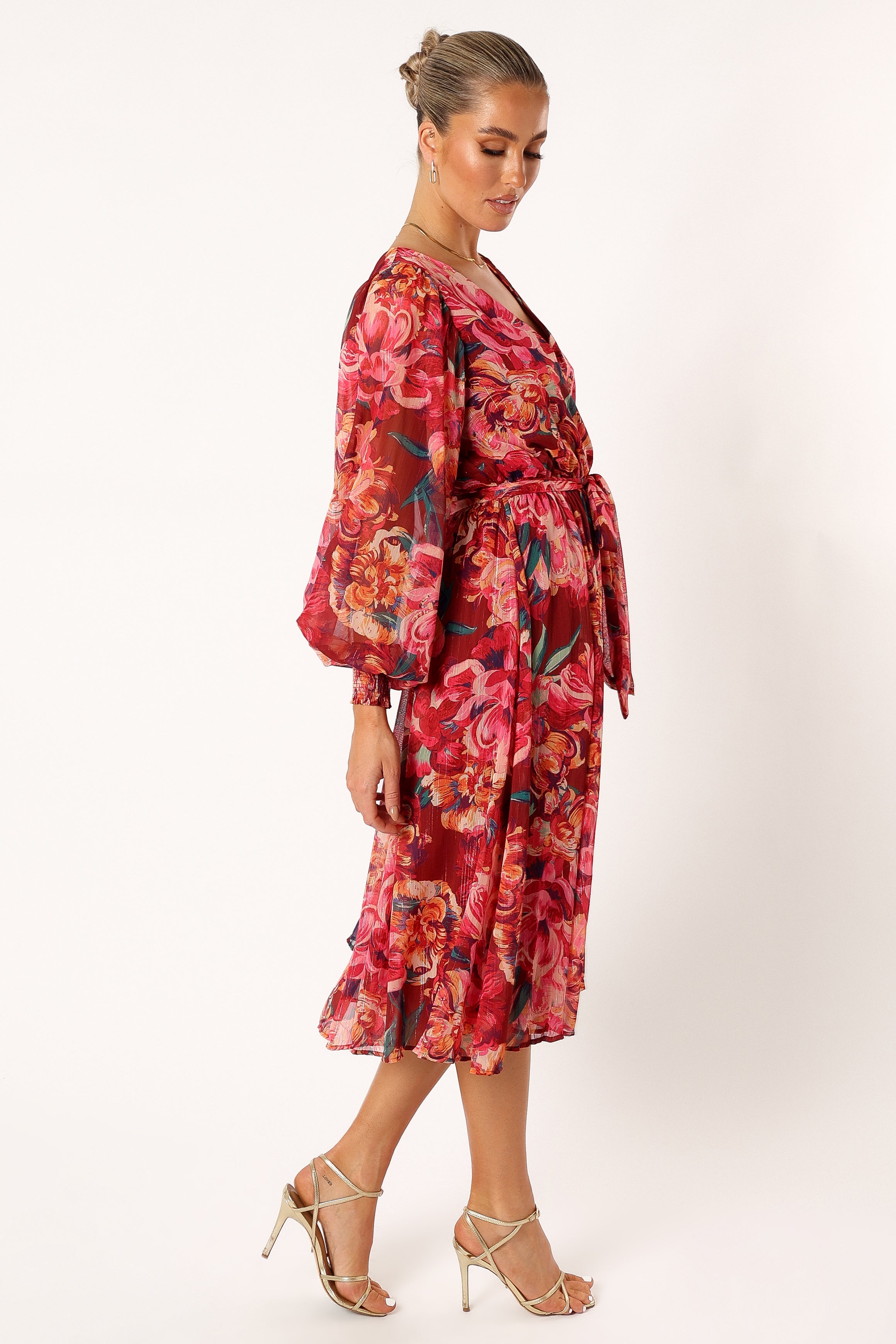 Goldie Long Sleeve Midi Dress - Red Floral Print Women's Casual Dress for Spring/Summer, Perfect for Office, Date Night & Special Occasions