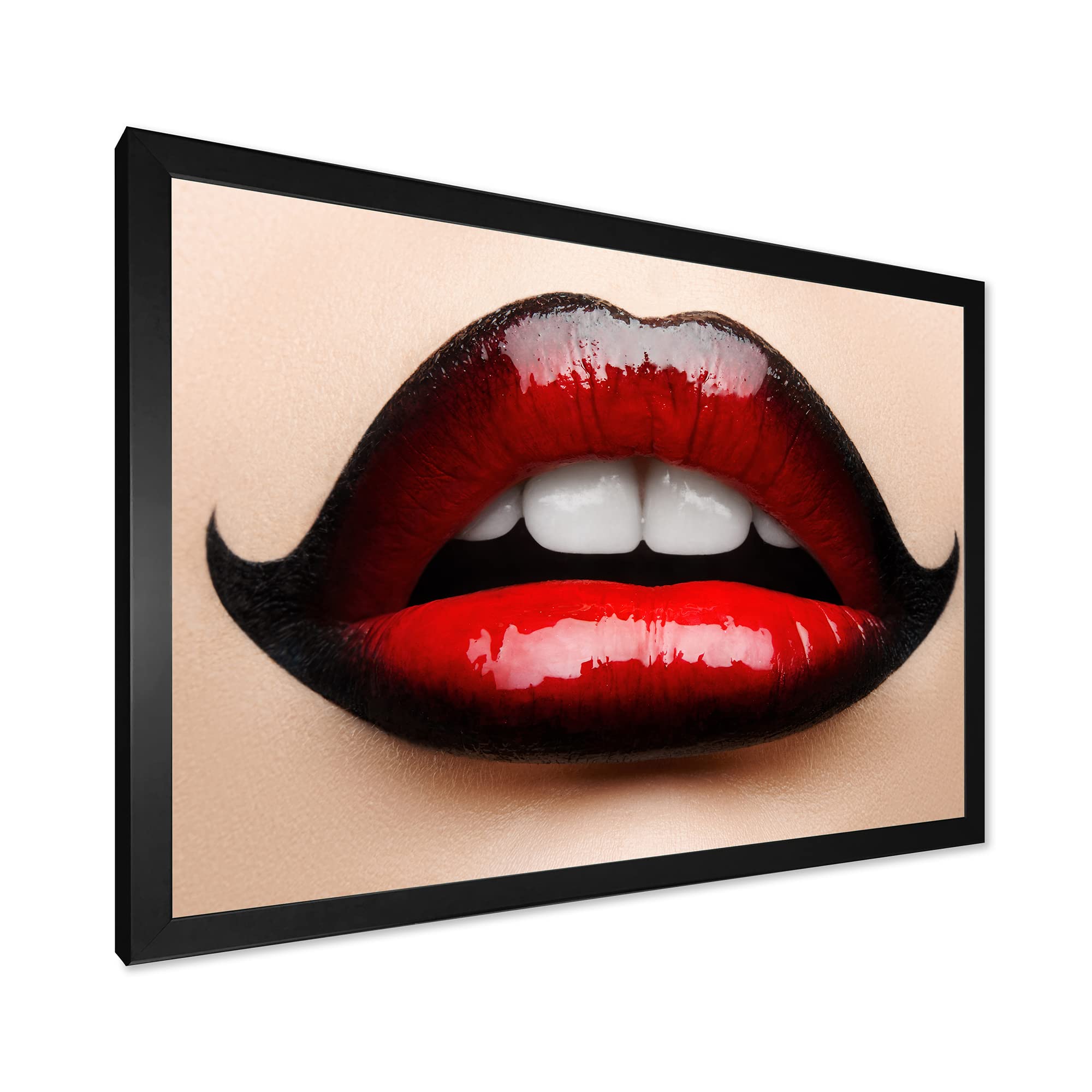 DesignQ Modern Framed Wall Art - Red & Black Lipstick Female Lips Painting - Perfect for Living Room, Bedroom, Office Decor