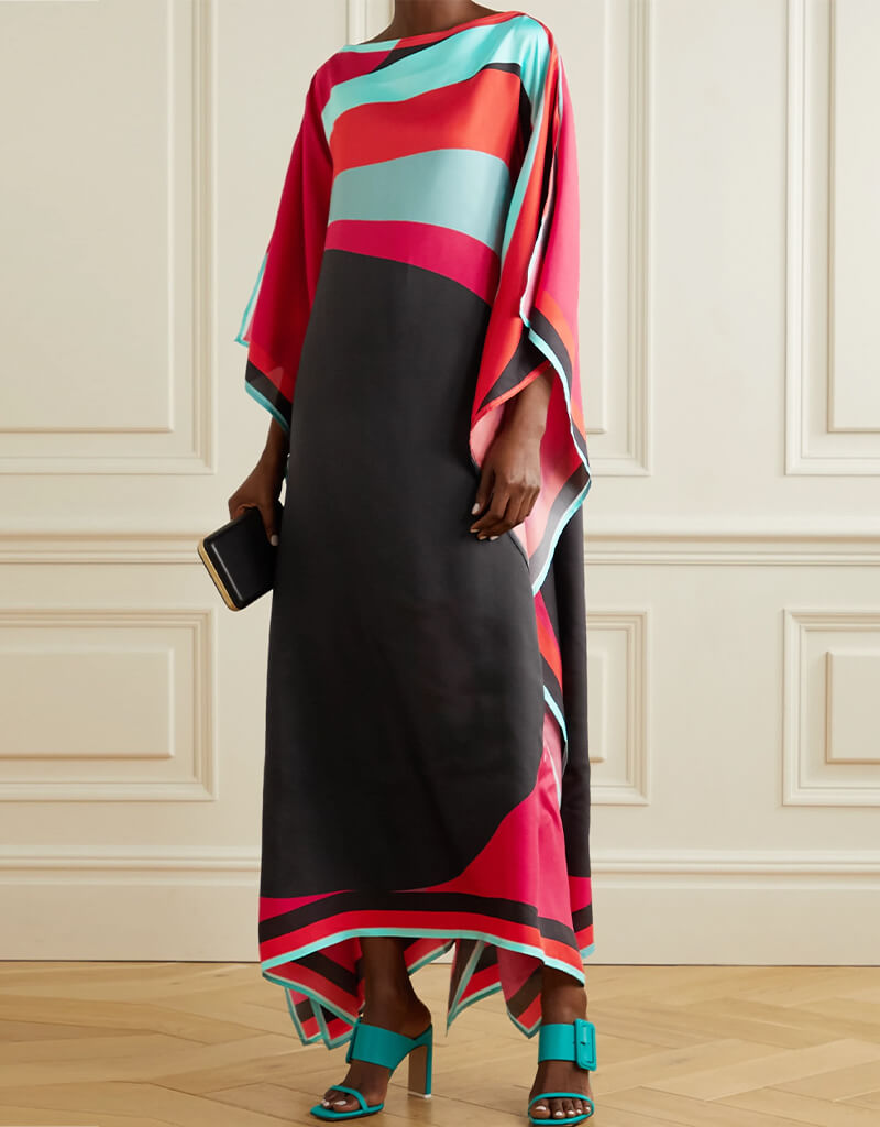 Luxury Black and Red Satin Silk Kaftan Dress for Women - Elegant Loungewear & Beach Cover Up - Perfect for Spa Days, Vacations and Special Occasions