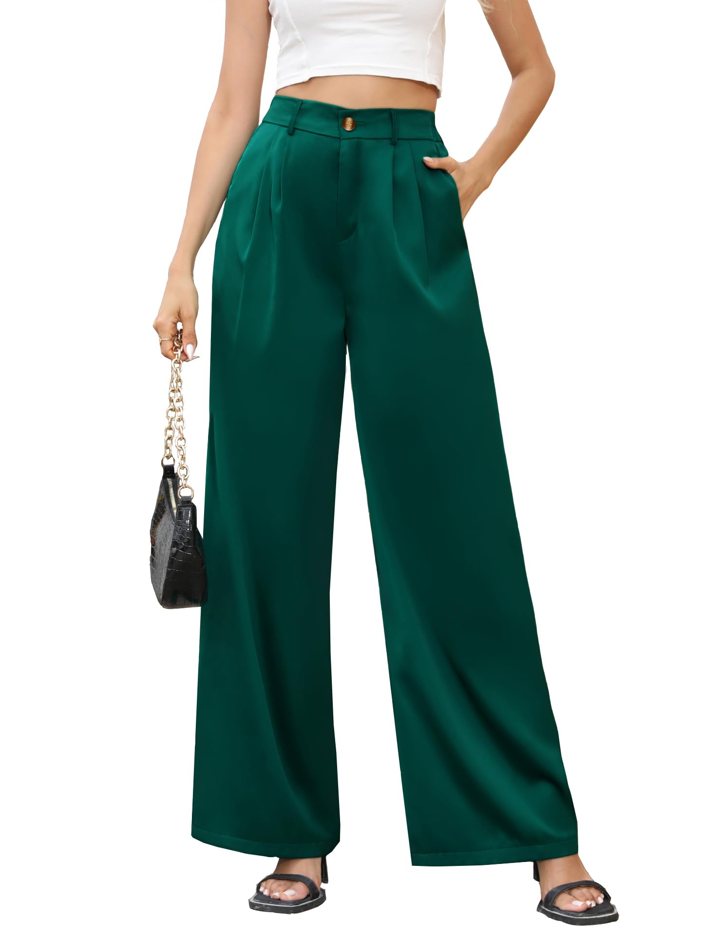 Women's High Waist Satin Dress Pants - Button Front Wide Leg Straight Work Trousers with Pockets | Office Wear, Business Casual, Formal Occasions & Professional Outfits