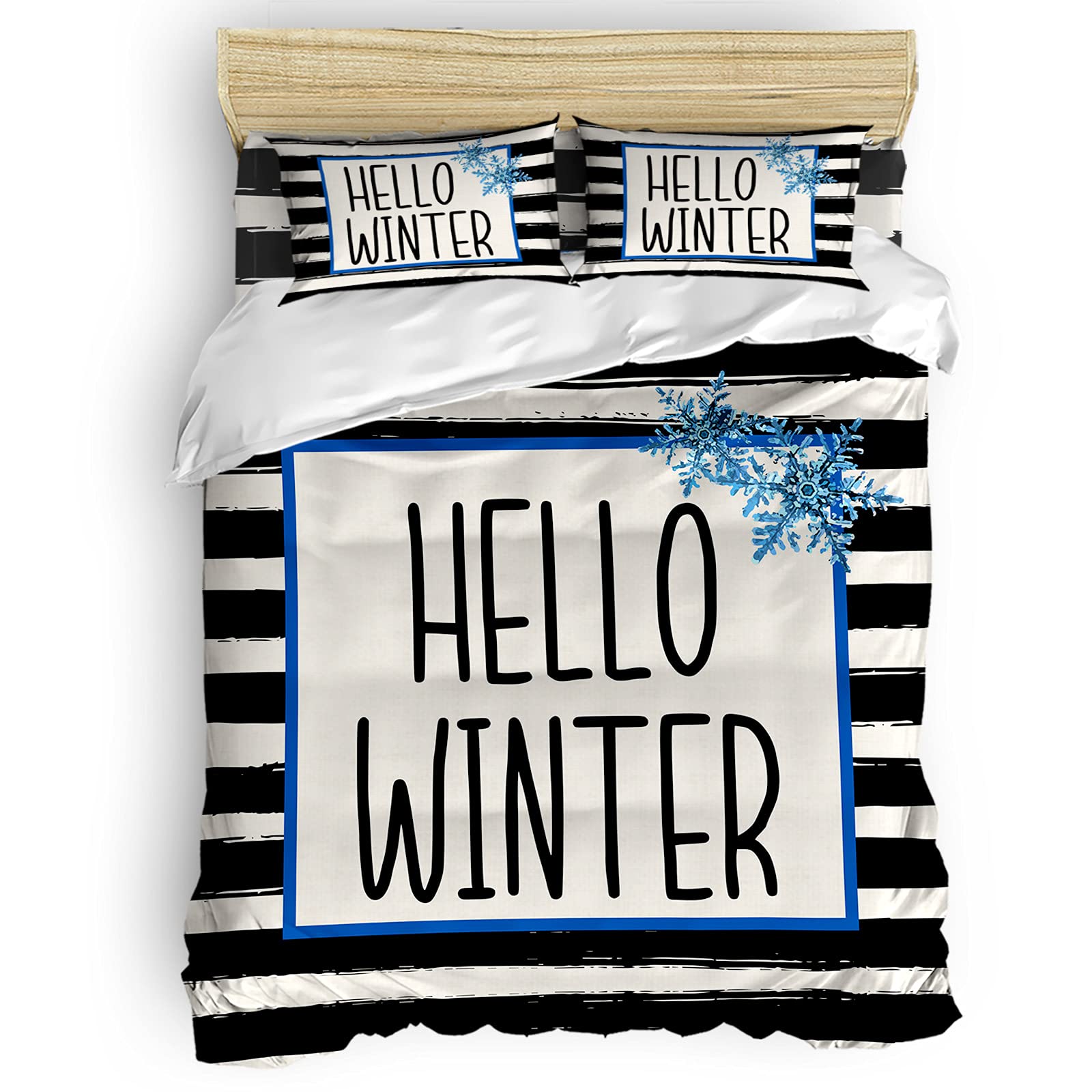 PartyShow 4-Piece Queen Size Bedding Set - Winter Snowflake Comforter Cover with 2 Pillowcases for Kids' Bedroom | Christmas Themed Black Striped Design | Perfect for Holiday Decor & Cozy Winter Nights