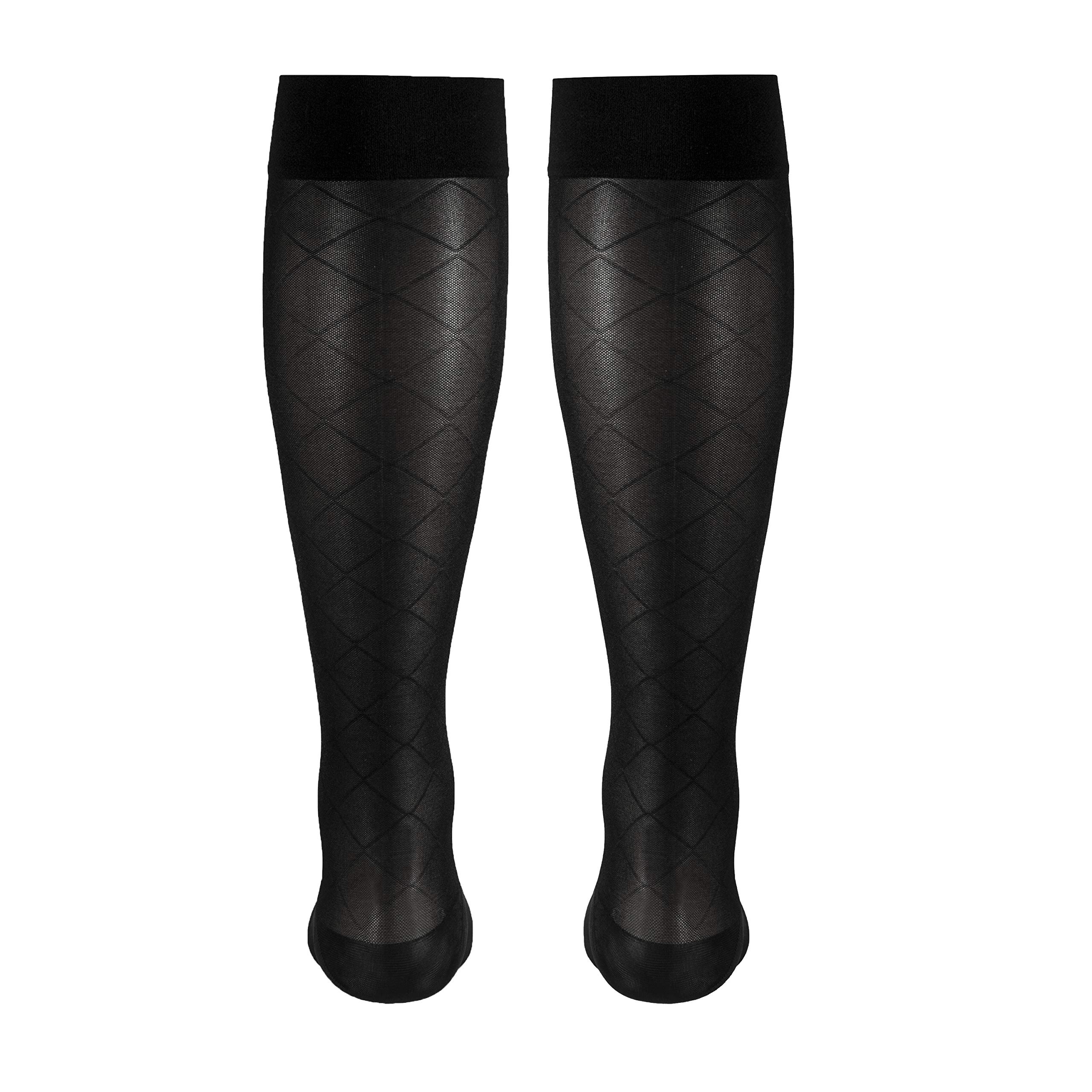 Truform Sheer Compression Stockings 15-20 mmHg for Women - Knee High Support Socks with Diamond Pattern in Black (Large) - Perfect for Travel, Work & Varicose Vein Relief