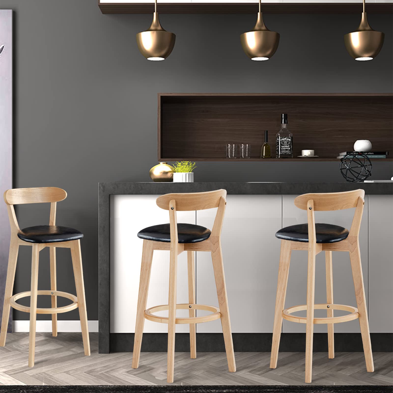 Premium Wooden Breakfast Bar Stool with PU Leather Backrest & Armrest - Comfortable Kitchen Counter Height Chair for Dining, Coffee Shops & Home Decor