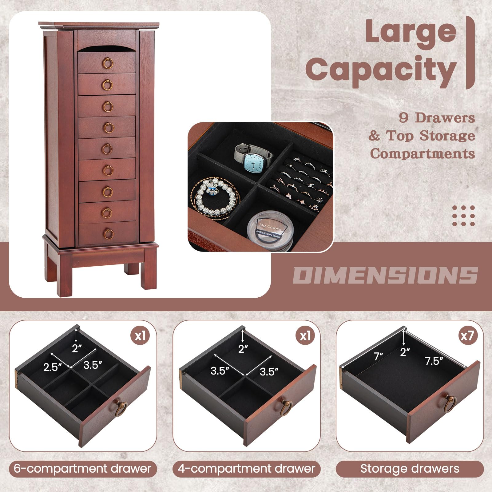 Giantex Large Jewelry Cabinet Armoire with 9 Drawers & 2 Doors - Standing Jewelry Organizer with Mirror, Necklace Hooks & Storage Compartments - Perfect for Bedroom, Closet & Dressing Room Organization
