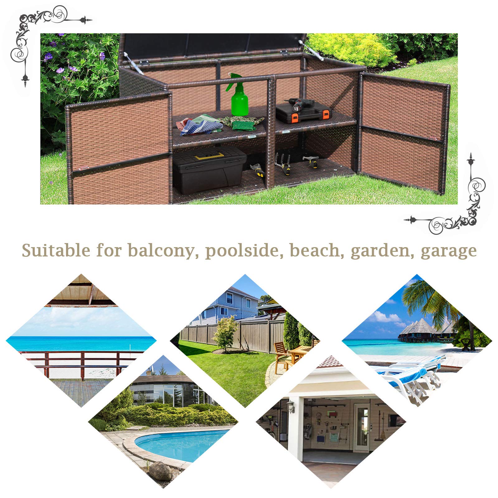 **Tangkula 88 Gallon Outdoor Wicker Storage Box with Steel Frame & Lid – Weather-Resistant Rattan Deck Bin for Garden Tools, Patio Accessories, Pool Toys, and Backyard Organization (Brown)**